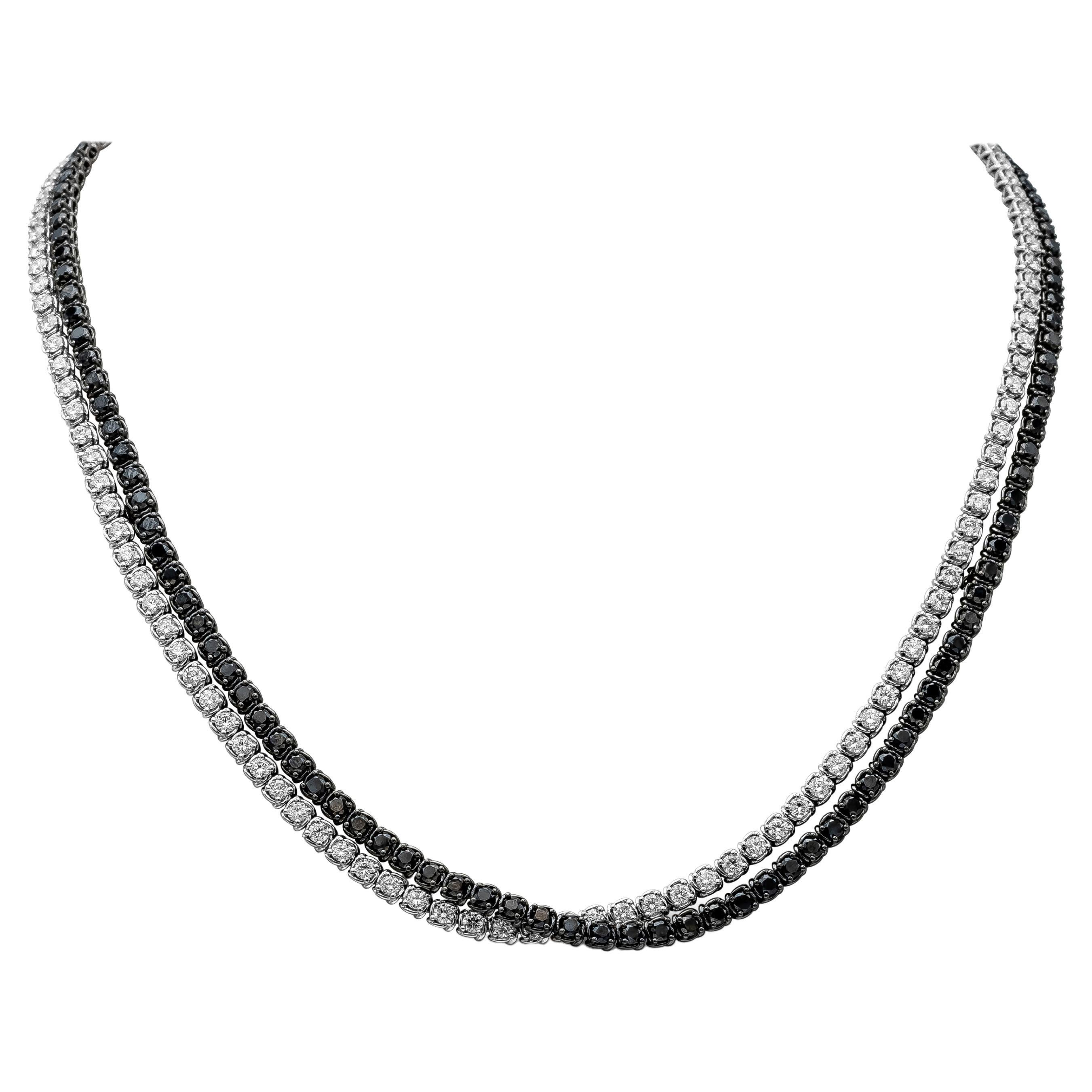 Roman Malakov 14.46 Carat Total Black & White Round Diamond Crossover Necklace  For Sale