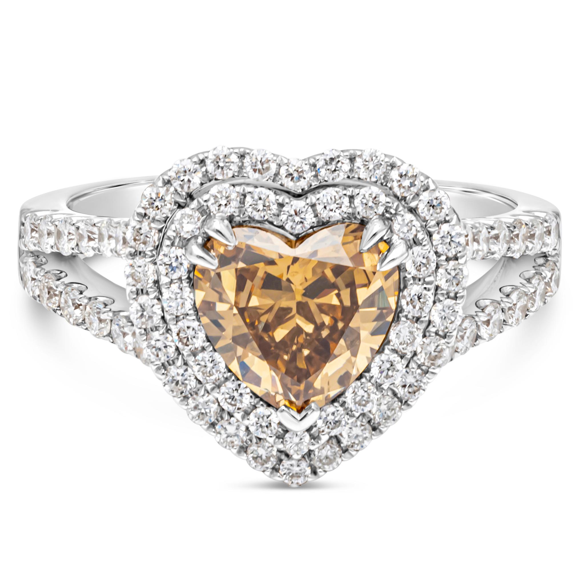 Contemporary GIA Certified 1.45 Carat Heart Shape Fancy Dark Brown Yellow Diamond Ring For Sale