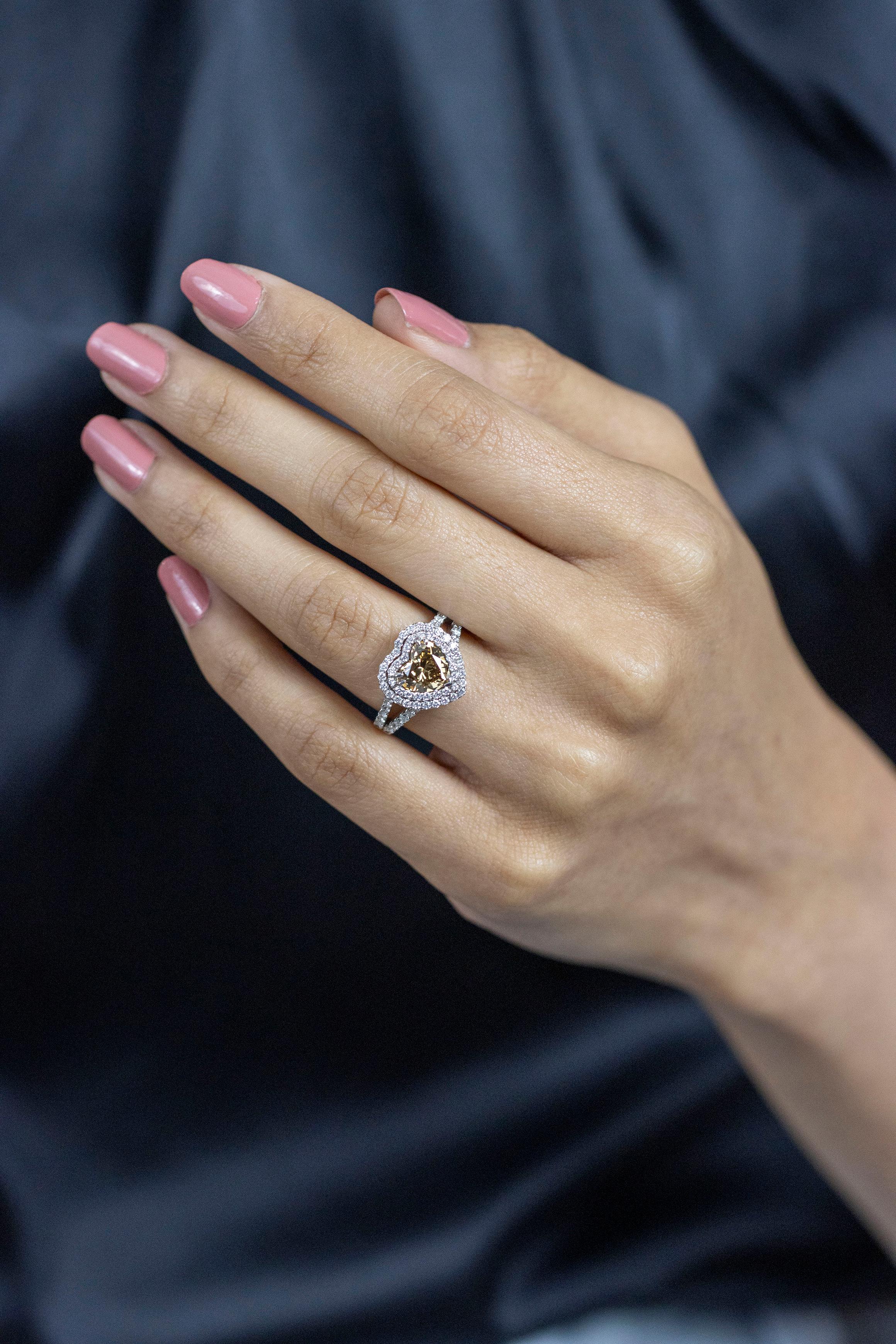 Women's GIA Certified 1.45 Carat Heart Shape Fancy Dark Brown Yellow Diamond Ring For Sale
