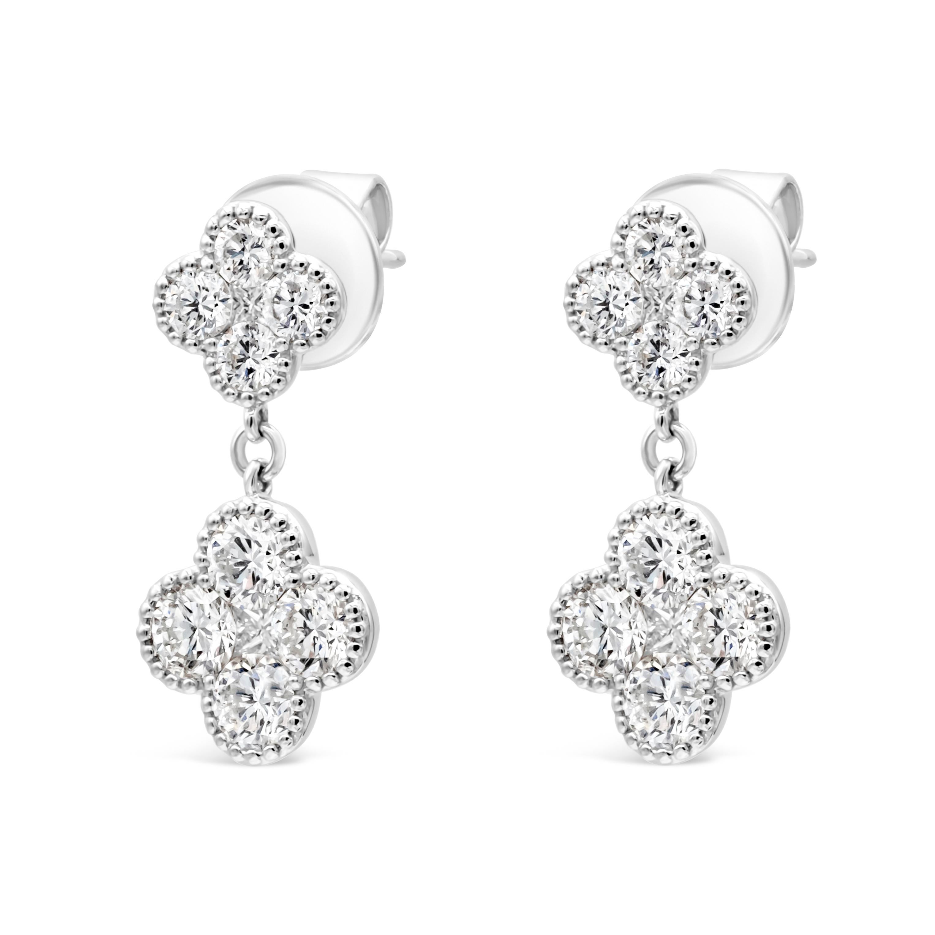 Roman Malakov 1.48 Carats Total Brilliant Round Cut Diamond Clover Drop Earrings In New Condition For Sale In New York, NY