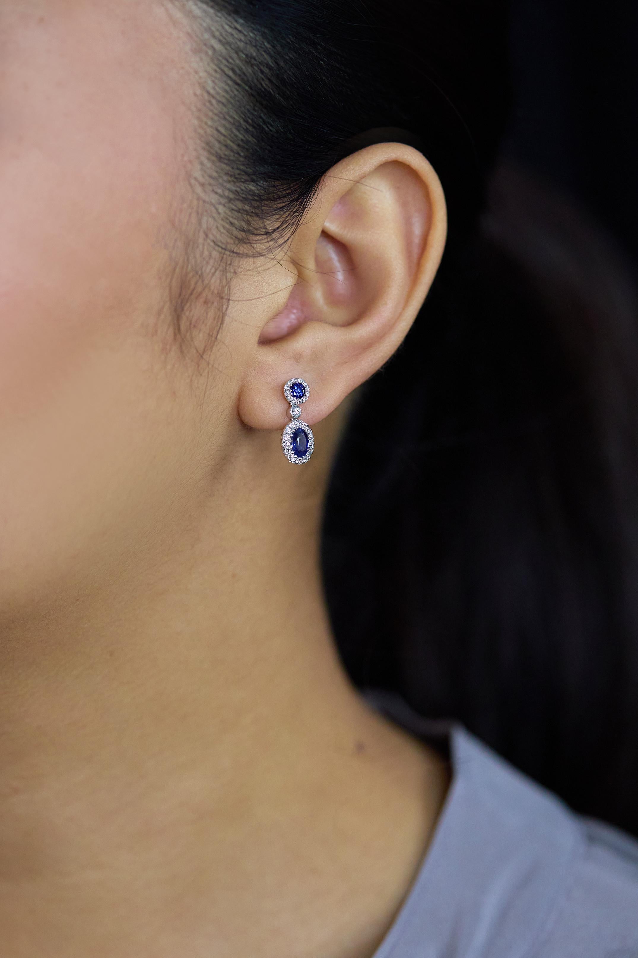 Contemporary Roman Malakov 1.48 Carats Total Mixed-Cut Sapphire & Diamond Halo Drop Earrings For Sale