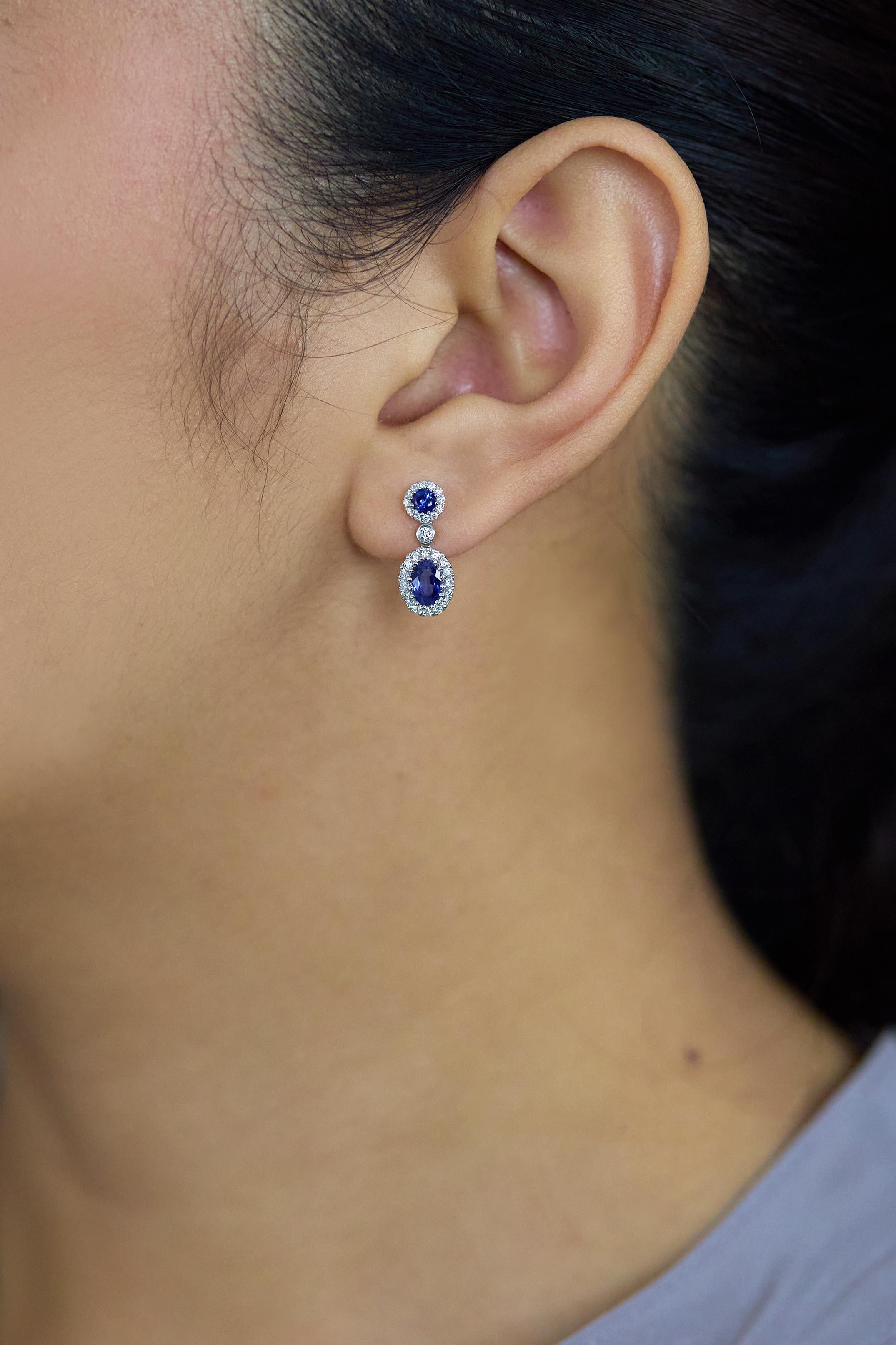 Oval Cut Roman Malakov 1.48 Carats Total Mixed-Cut Sapphire & Diamond Halo Drop Earrings For Sale