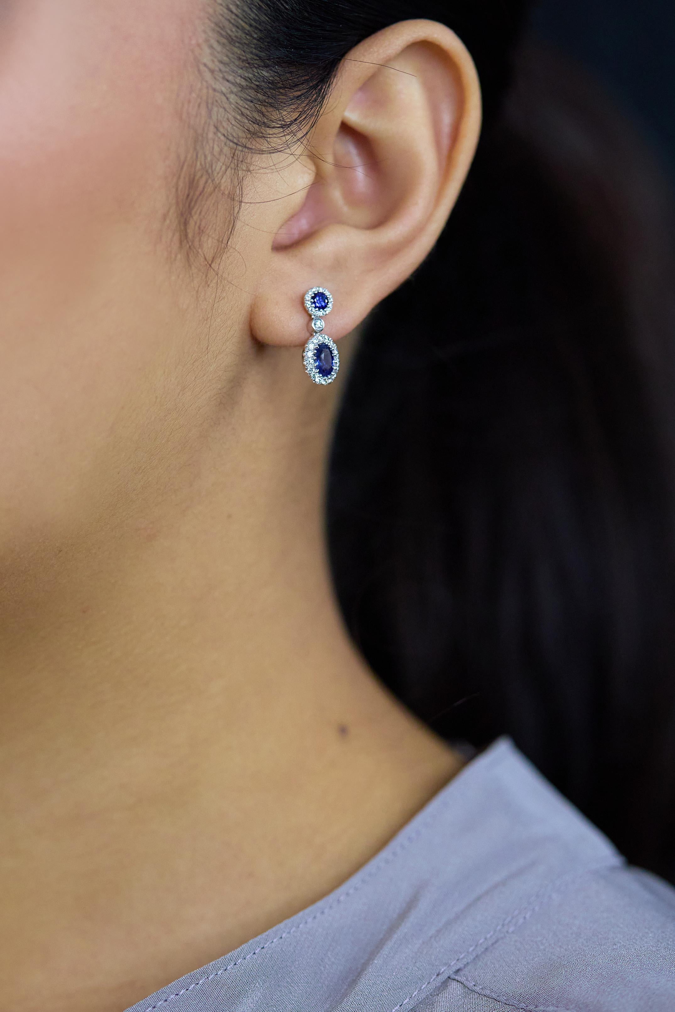 Roman Malakov 1.48 Carats Total Mixed-Cut Sapphire & Diamond Halo Drop Earrings In New Condition For Sale In New York, NY
