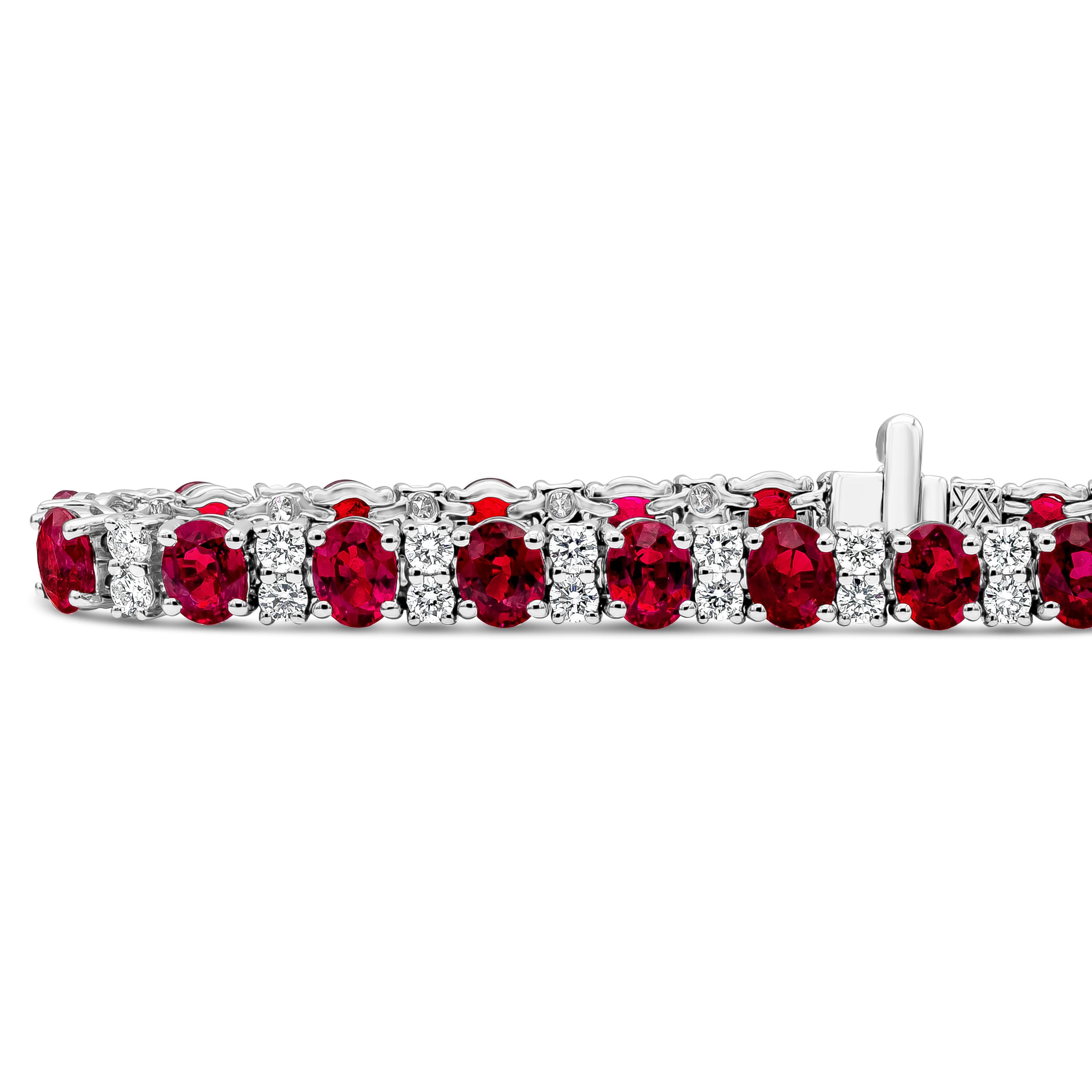 This tennis bracelet features a row of alternating oval cut ruby and round brilliant cut diamonds. Oval Cut Ruby weighs 12.65 carats and diamonds weigh 2.35 carat in F color and VS clarity. Made with 18K White Gold. 7 inches in Length. 

Roman