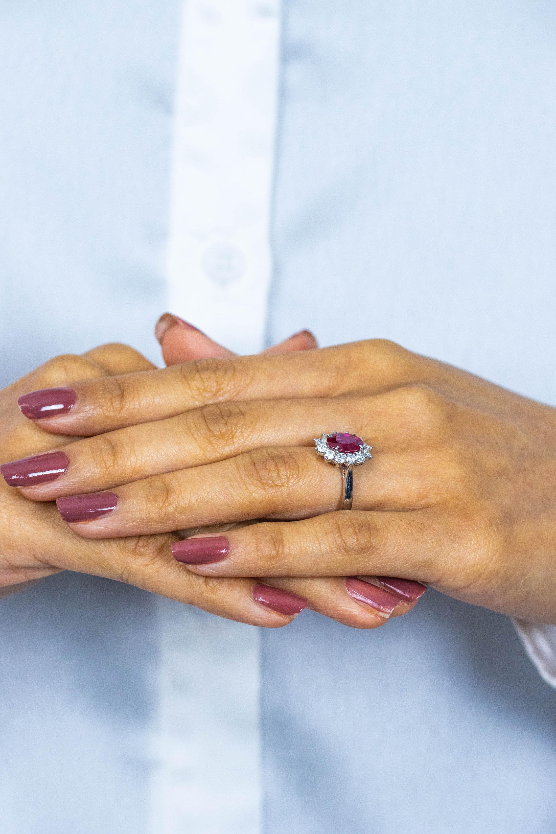 Roman Malakov 1.50 Carats Oval Cut Ruby & Diamond Floral Engagement Ring In New Condition For Sale In New York, NY