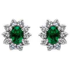 Roman Malakov 1.52 Carats Total Green Emerald and Diamond Halo Stud Earrings