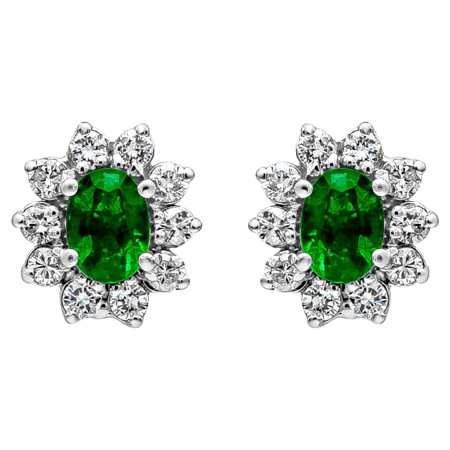 Roman Malakov 1.52 Carats Total Green Emerald and Diamond Halo Stud Earrings For Sale