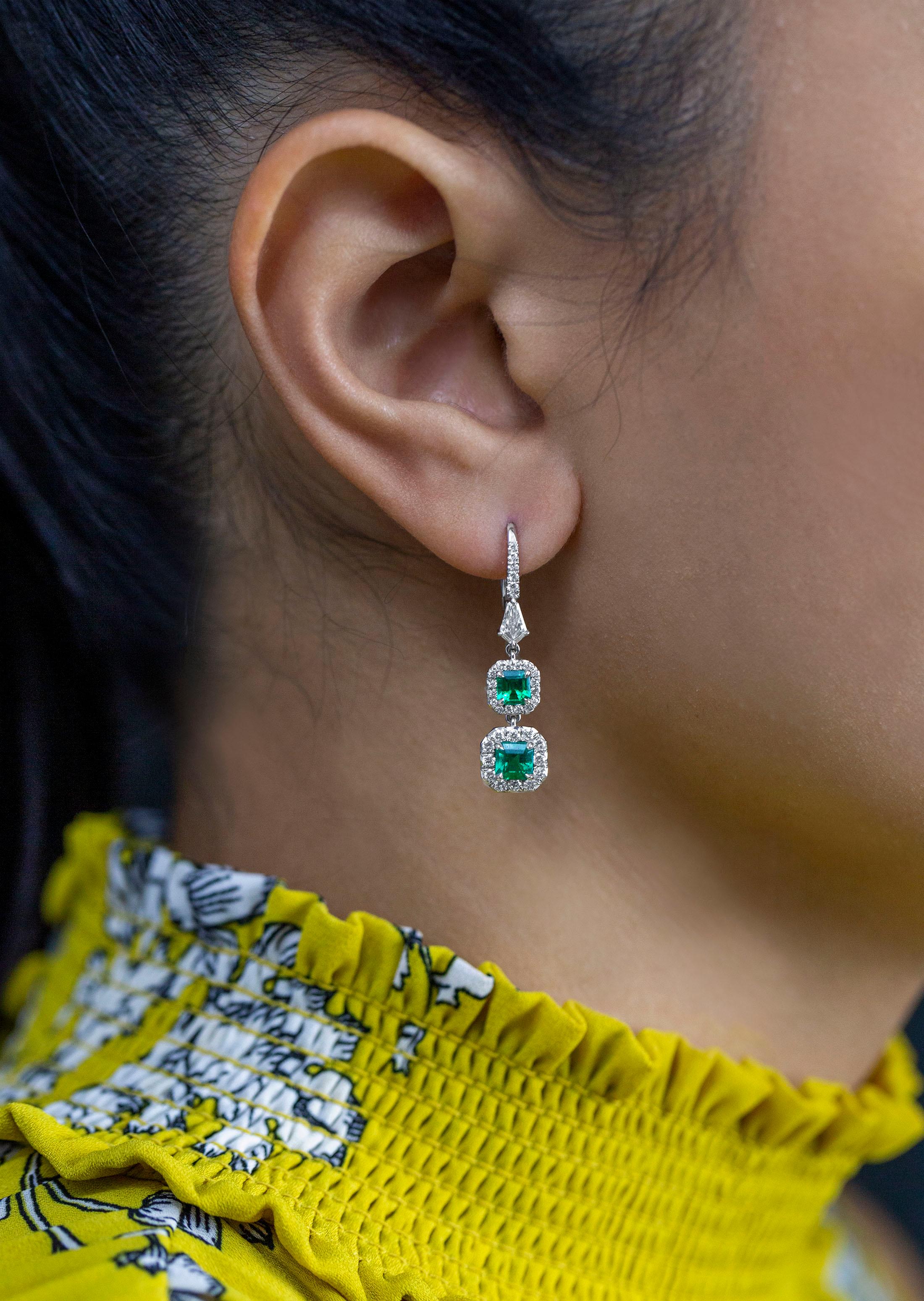 Emerald Cut Roman Malakov 1.53 Carats Total Colombian Emerald Halo Dangle Earrings  For Sale