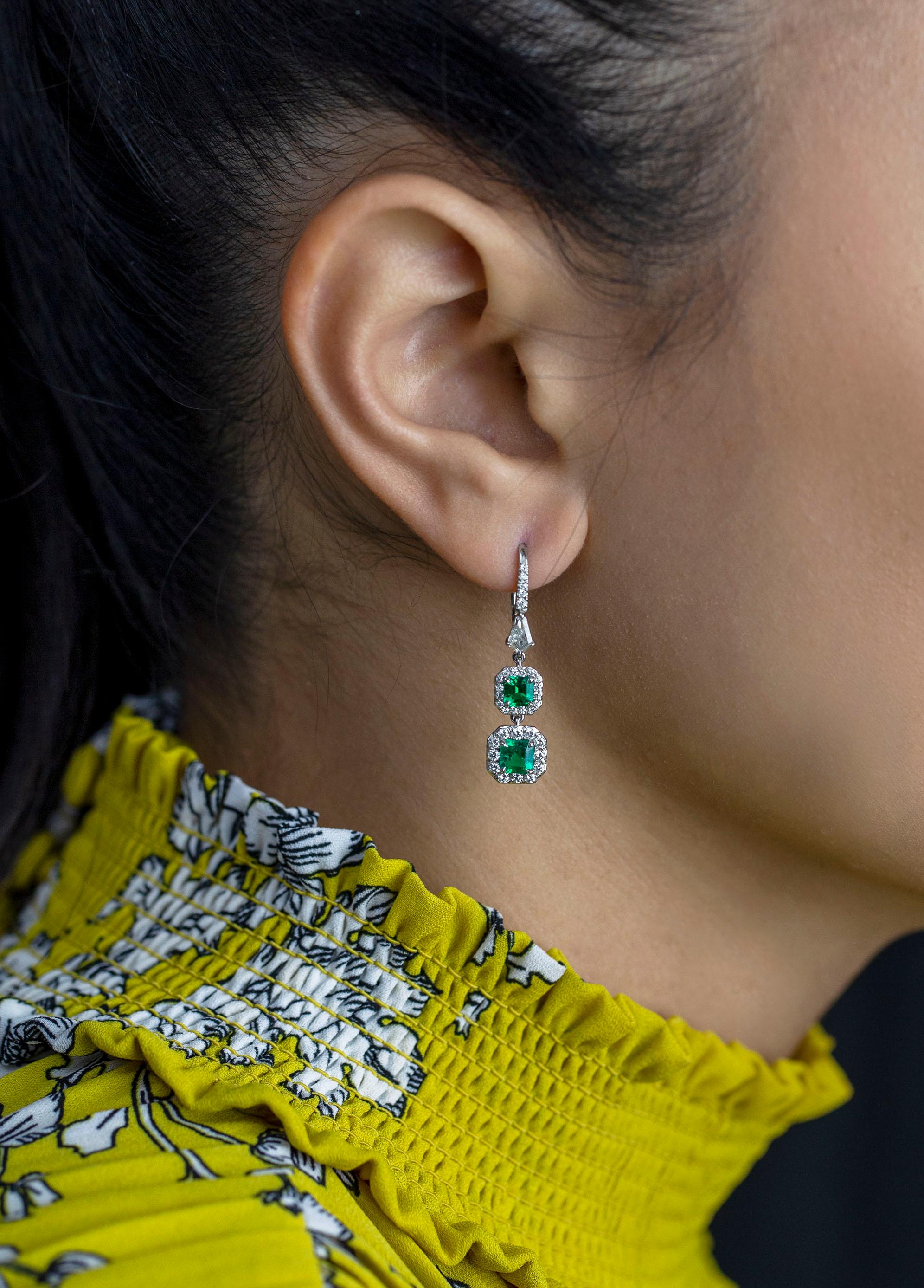Women's Roman Malakov 1.53 Carats Total Colombian Emerald Halo Dangle Earrings  For Sale