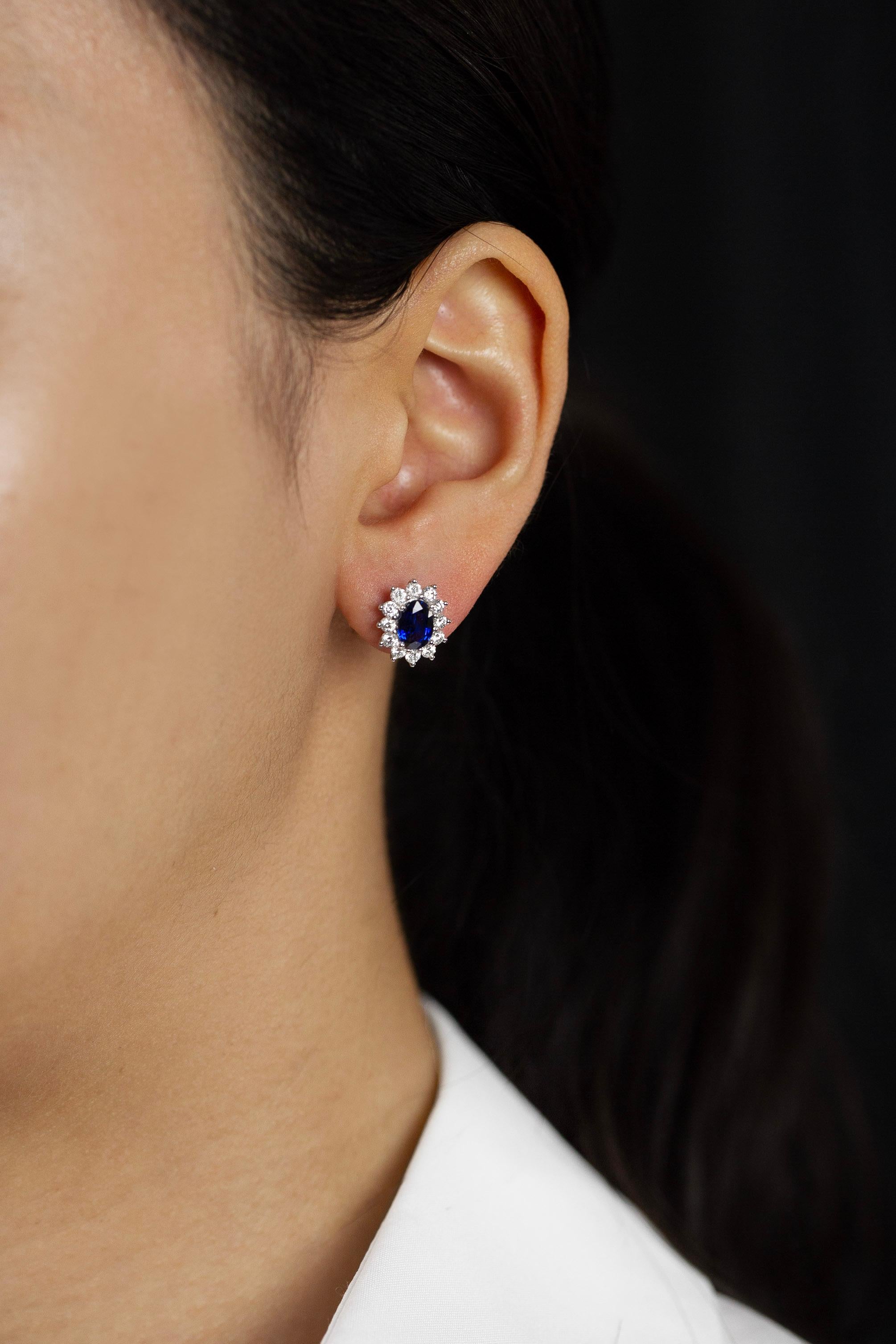 Women's Roman Malakov 1.53 Carats Total Oval Cut Blue Sapphire & Diamonds Stud Earrings For Sale