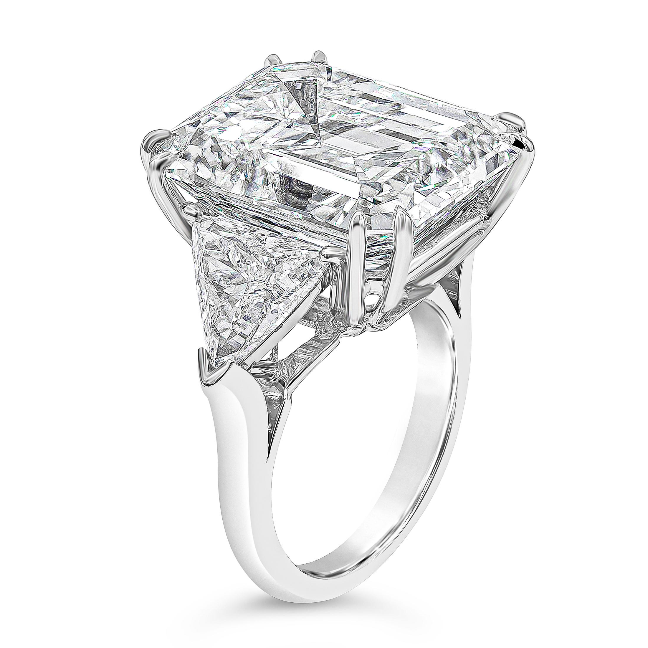 GIA Certified 15.34 Carats Emerald Cut Diamond Three-Stone Engagement Ring In New Condition For Sale In New York, NY