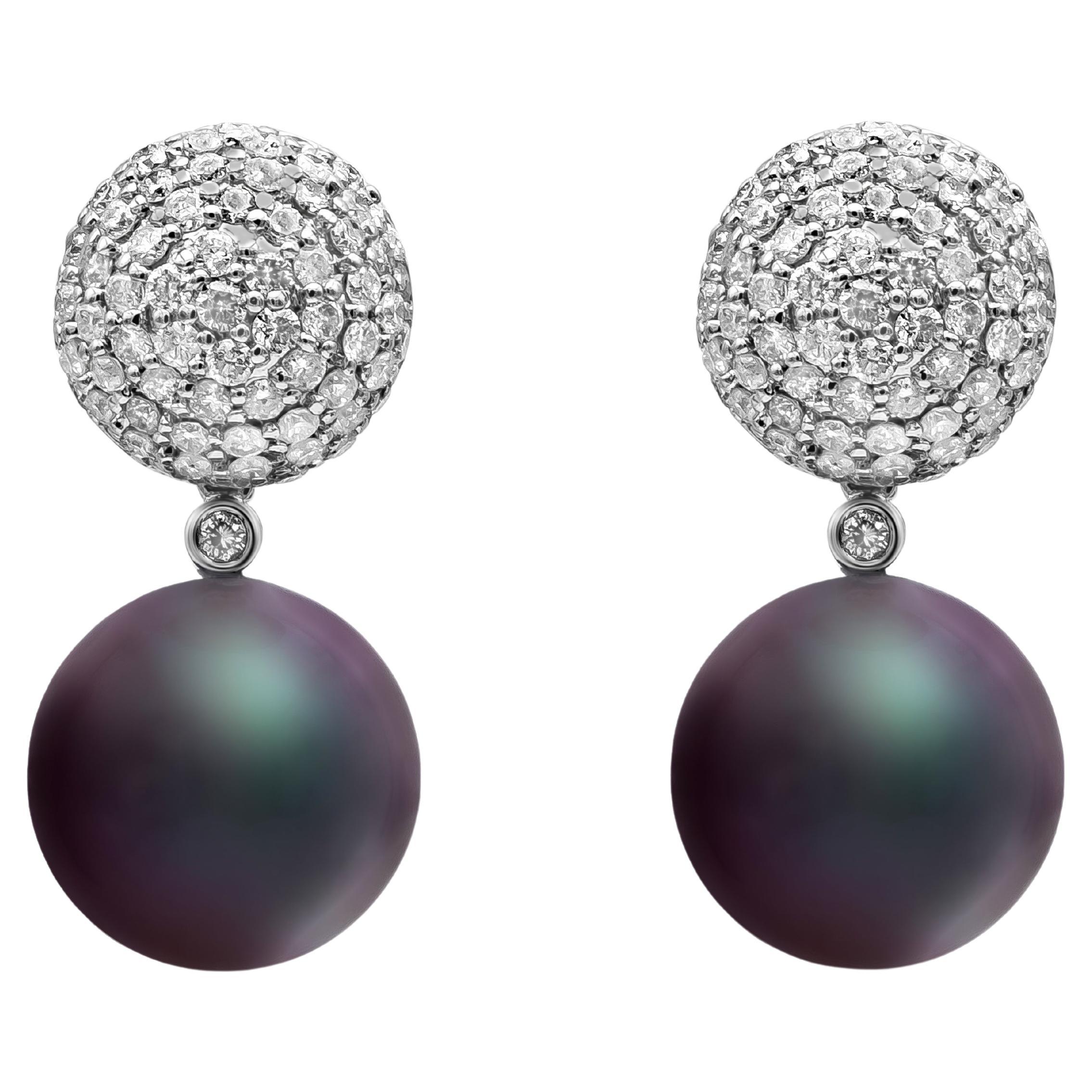 Roman Malakov 1.56 Carat Diamond and Tahitian Black Pearl Dangle Earrings For Sale