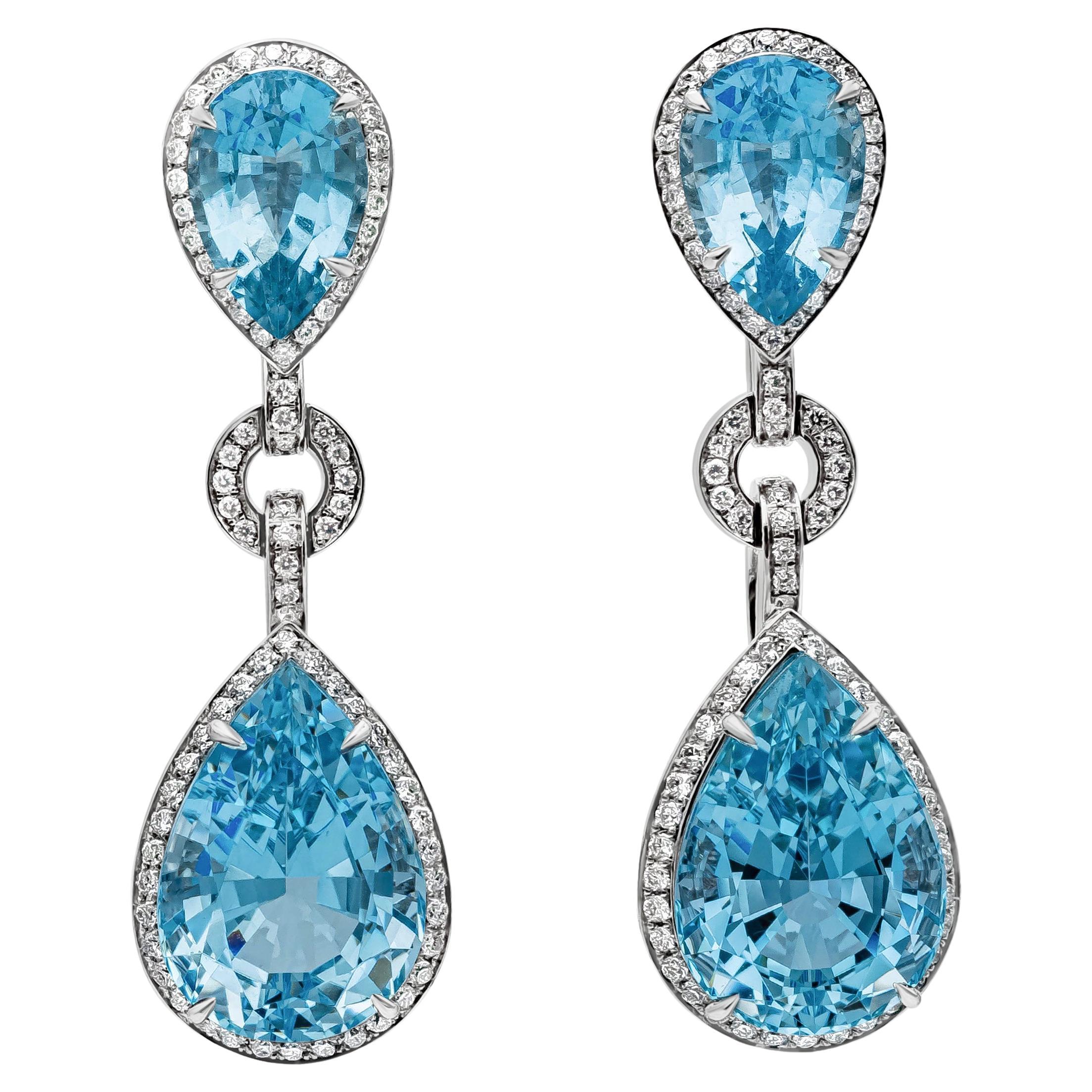 Roman Malakov 15.69 Carat Pear Shape Aquamarine and Diamond Halo Dangle Earrings For Sale