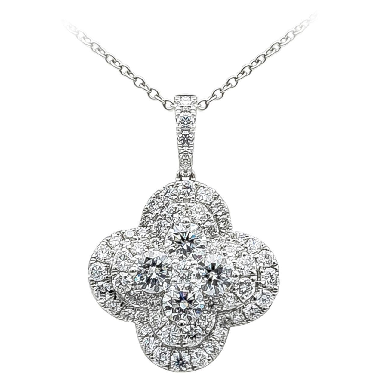 Roman Malakov 1.57 Carats Total Round Cut Diamond Clover Shape Pendant Necklace For Sale