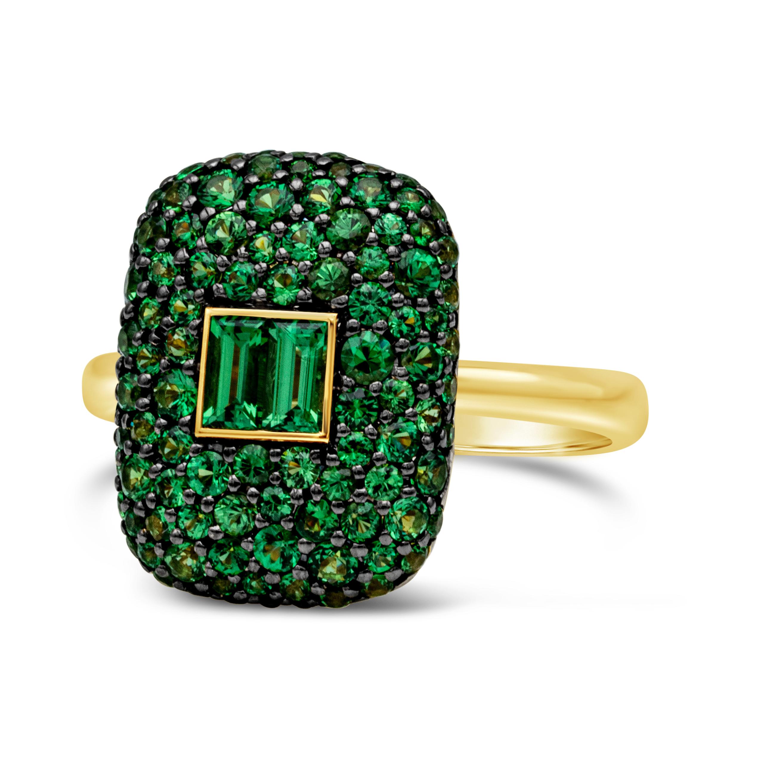 A unique and stylish fashion ring that features a 1.57 carat total of mixed baguette and round cut green tsavorite, set in and 18k Yellow Gold mounting. Size 6.5 US.  Style available in different gem set (Diamond, Ruby, Sapphire, Emerald).

Roman