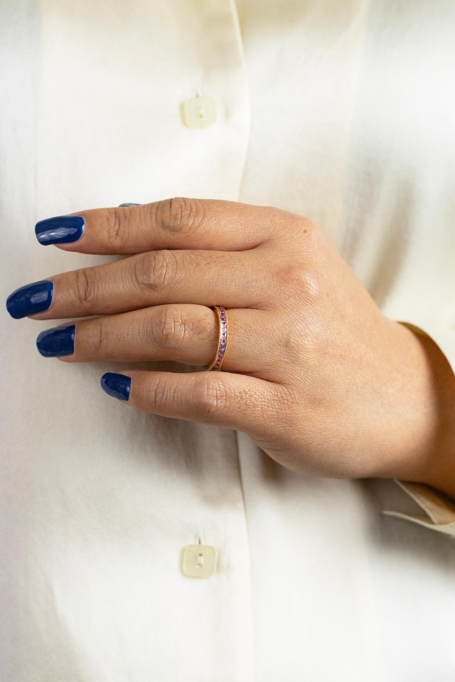Princess Cut Roman Malakov 1.58 Carats Total Pink Sapphire Eternity Wedding Band Ring For Sale