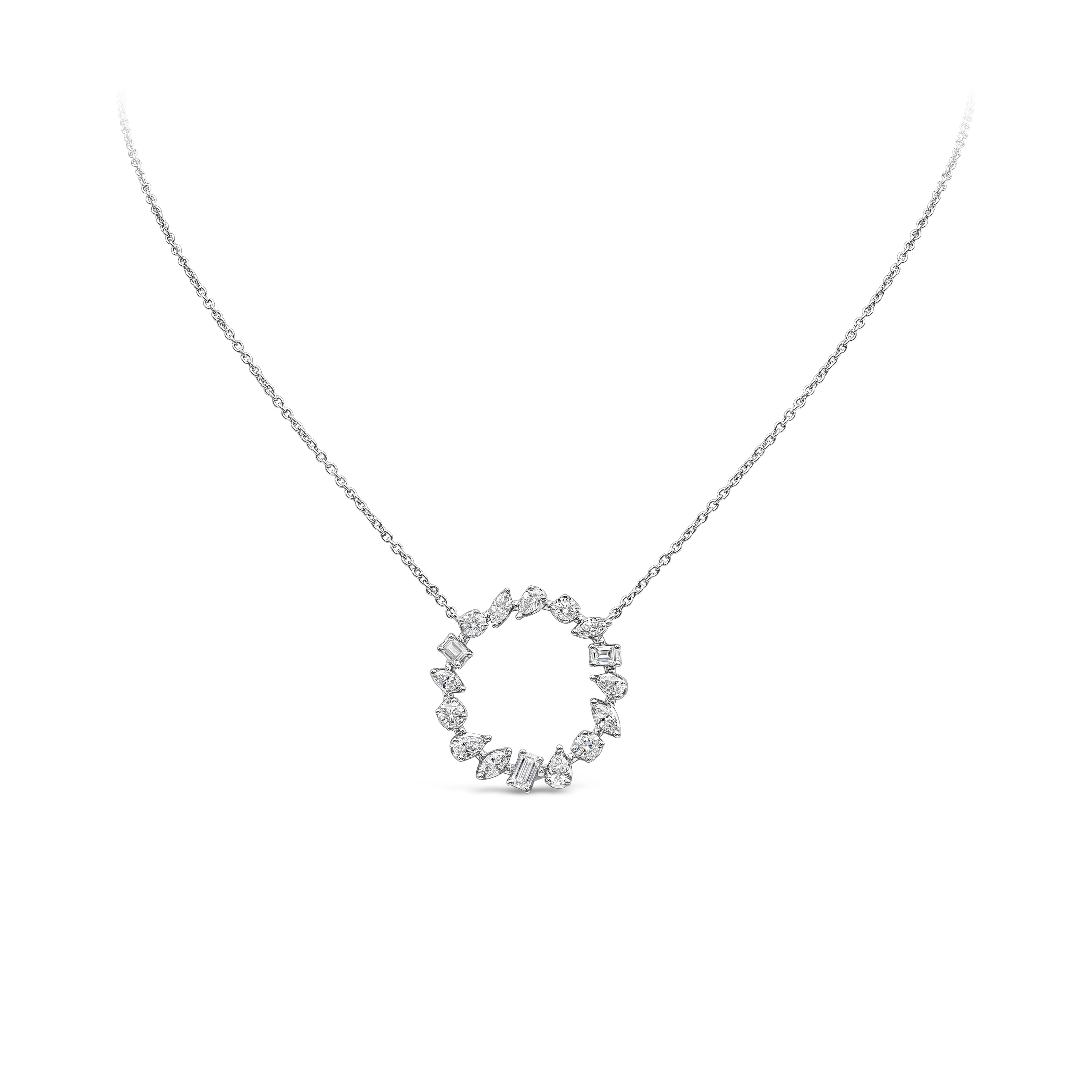 A stylish pendant necklace showcasing a row of different shape diamonds,  set in an open-work, circular design. Diamonds weigh 1.60 carats total and are approximately F-G color, VS-SI clarity. Made in 18k white gold.

Roman Malakov is a custom
