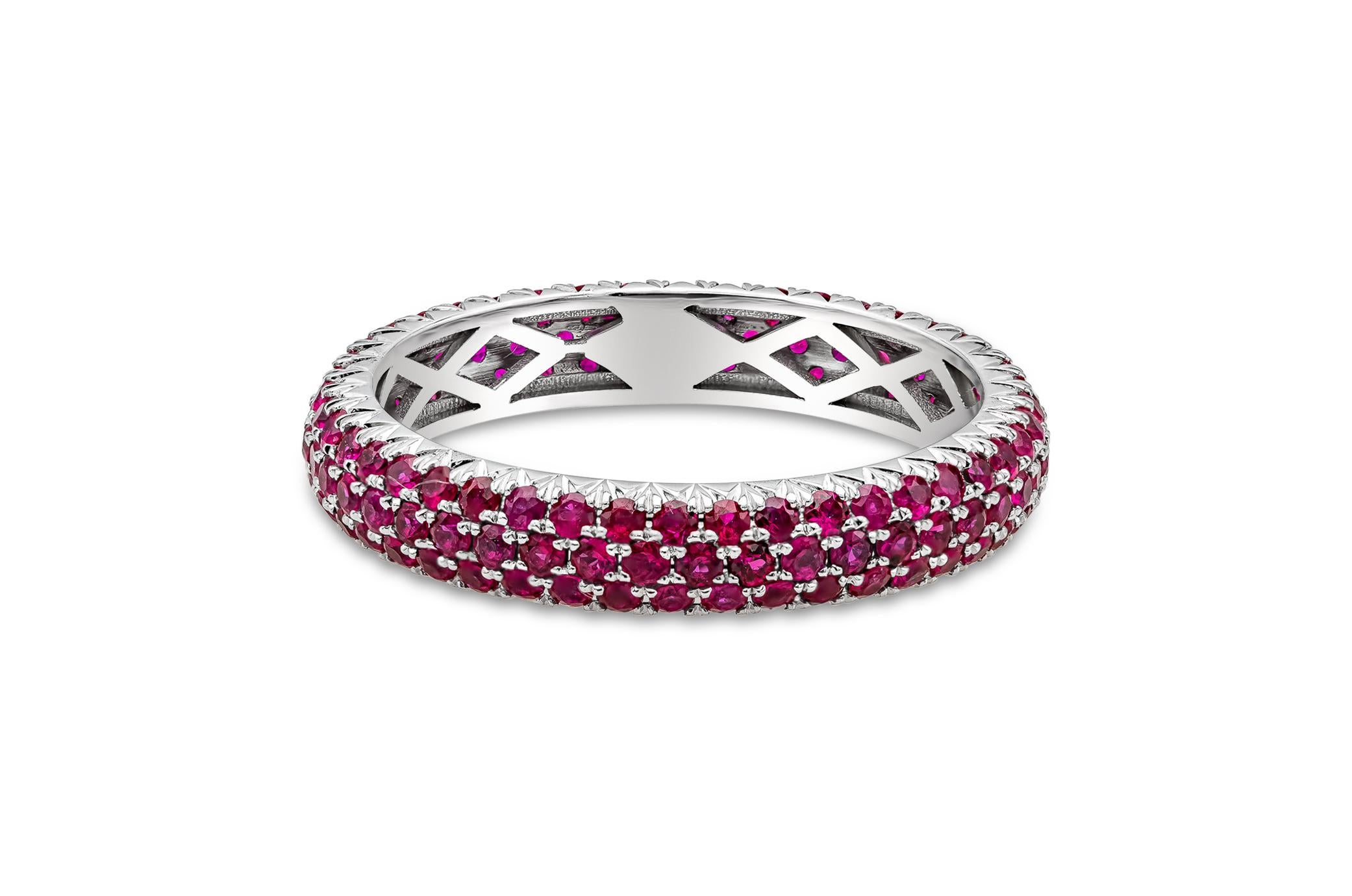 A fantastic and fashionable wedding band showcasing three-rows of vibrant rubies, micro-pave set. Rubies weigh 1.60 carats total. Made with 18K White Gold Size 7.25 US

Roman Malakov is a custom house, specializing in creating anything you can