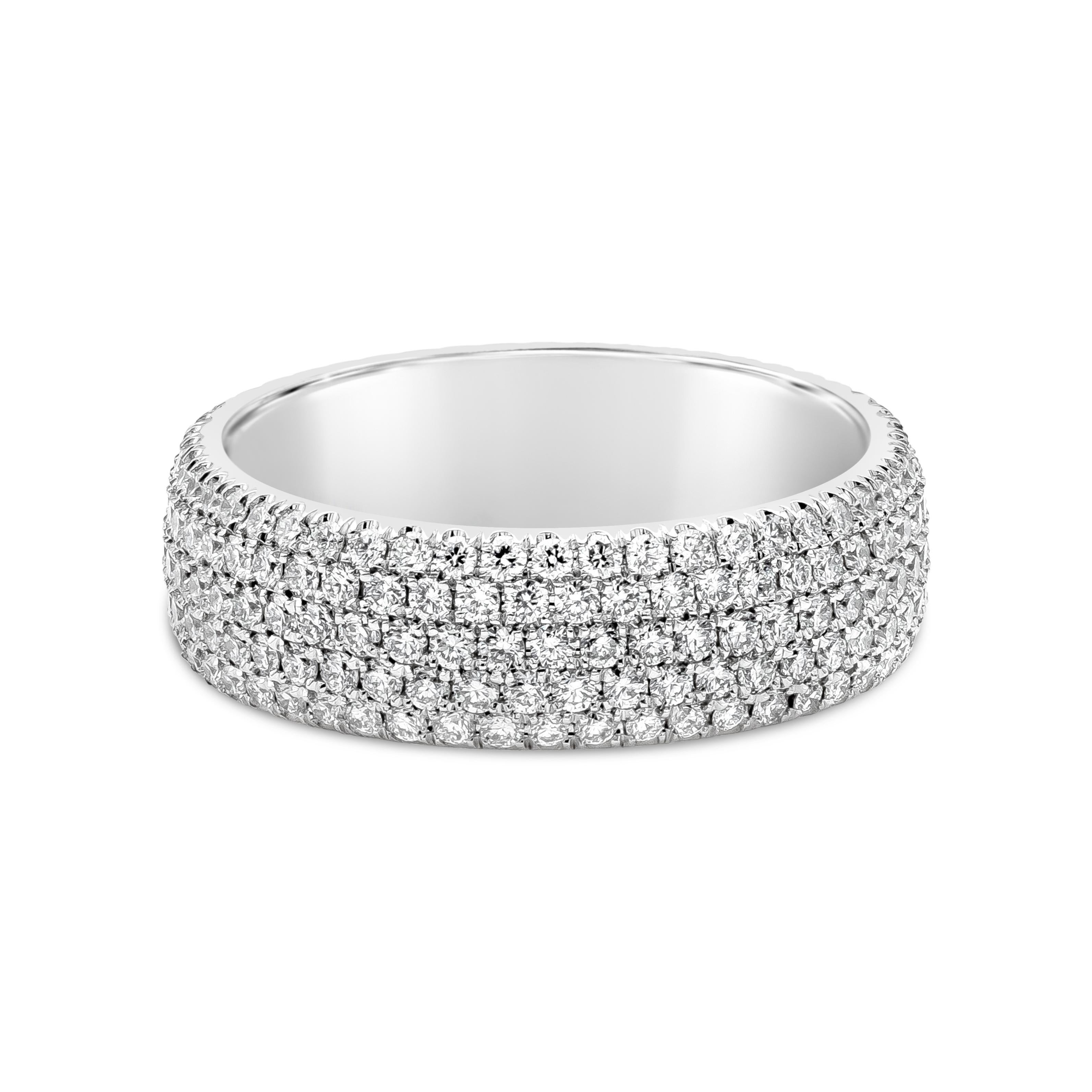 A sleek and elegant wedding band style showcasing five rows of round brilliant pave set diamonds weighing 1.60 carats total. F color and VS in Clarity. Made in Platinum, Size 6 US

Roman Malakov is a custom house, specializing in creating anything