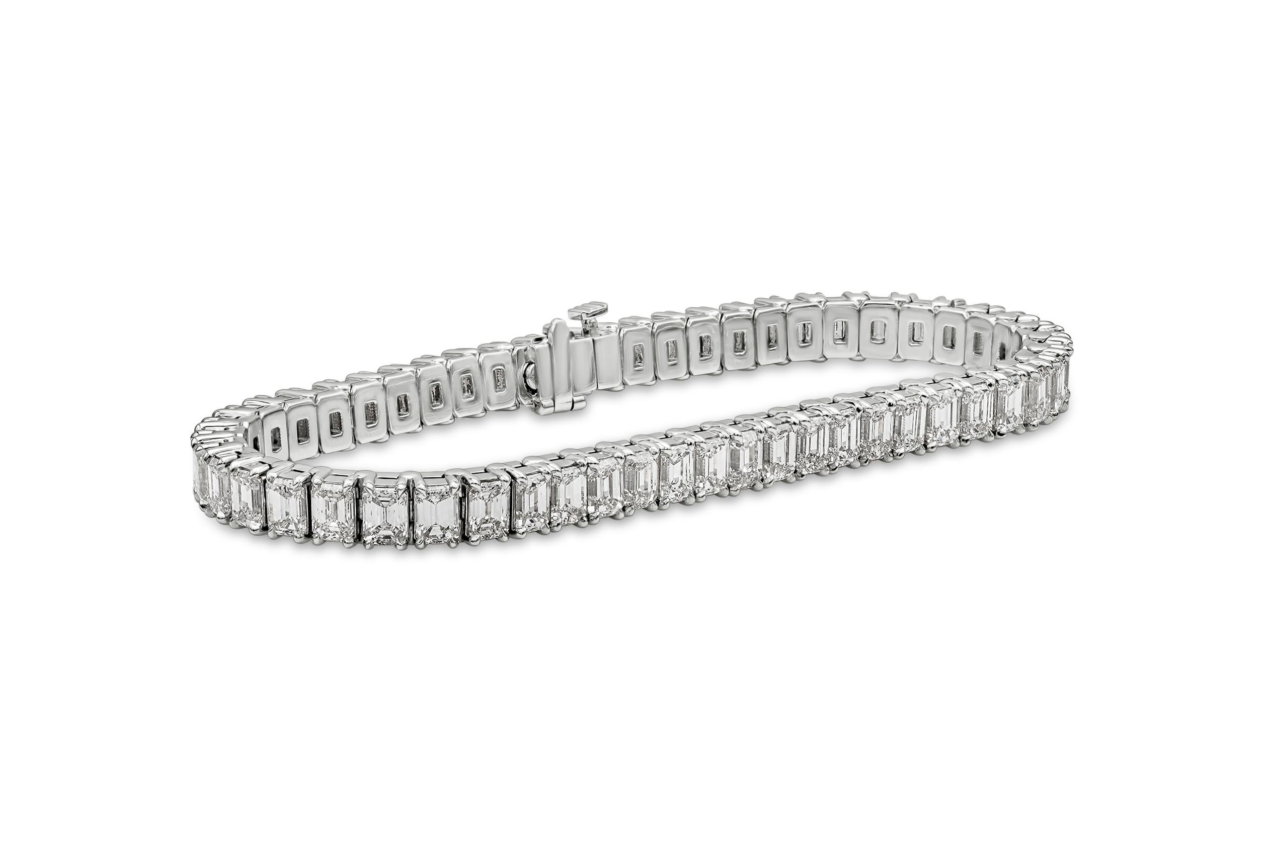 A classy and unique tennis bracelet showcasing a row of beautiful perfectly matched emerald cut diamonds weighing 16.06 carats total, G-H Color and VS-VVS in Clarity. Set in a classic four-prong basket setting, Made with Platinum, 7 inches in
