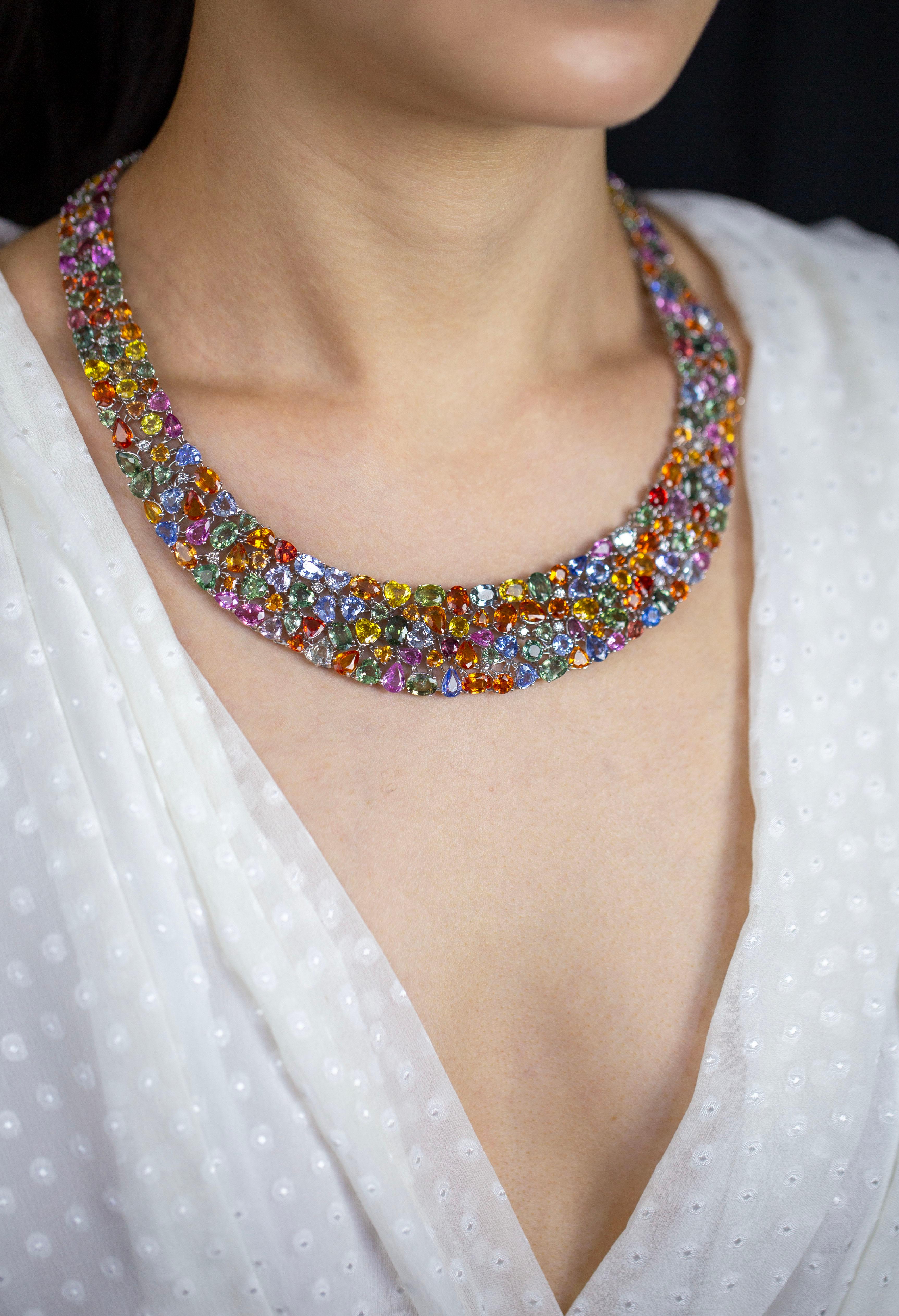 Contemporary Roman Malakov 161.55 Carats Multi-Color Mixed Cut Sapphire Gemstone Necklace For Sale