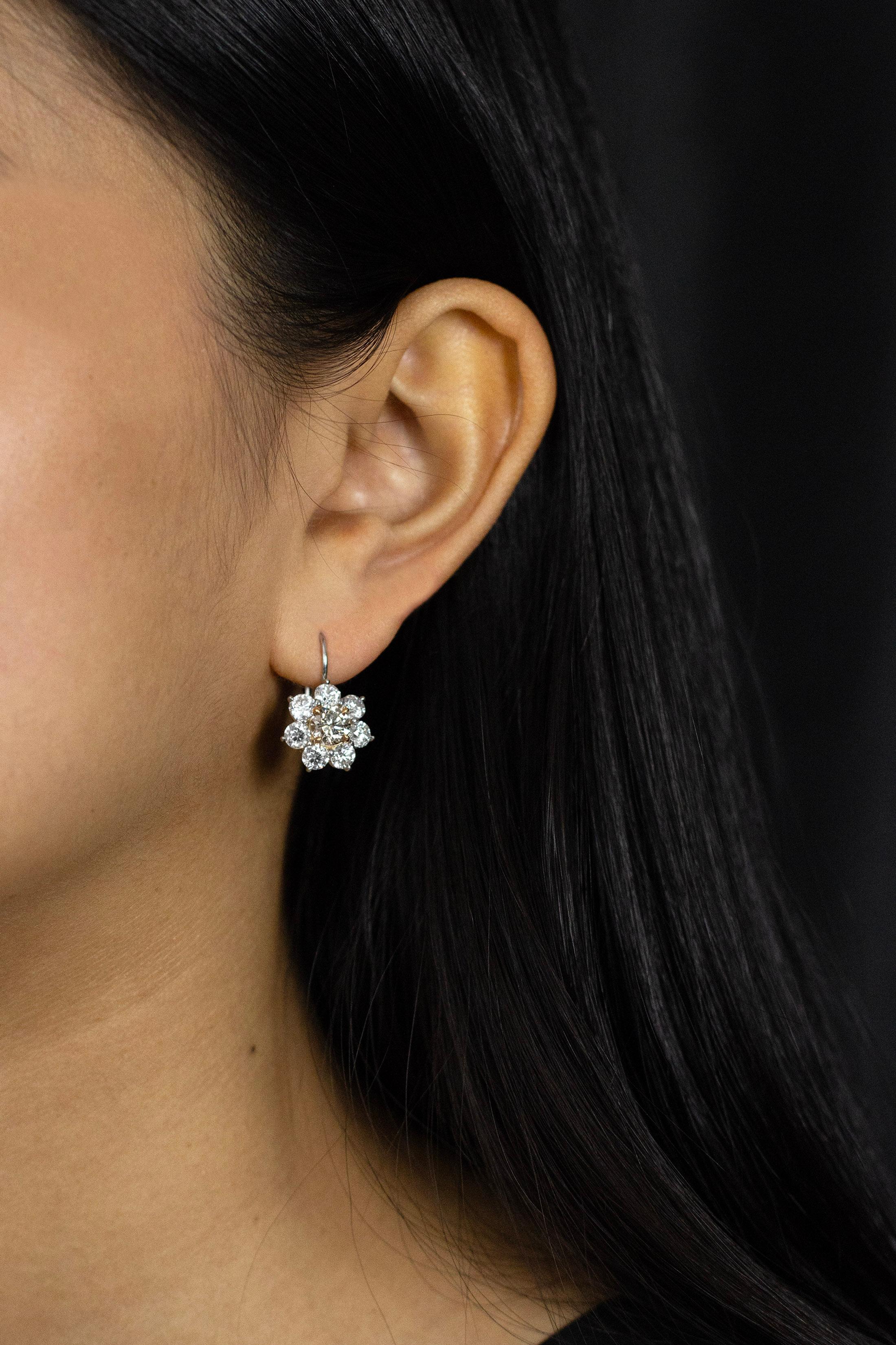 Roman Malakov Pendientes colgantes de halo de diamante marrón natural de corte redondo de 1,64 quilates Contemporáneo en venta