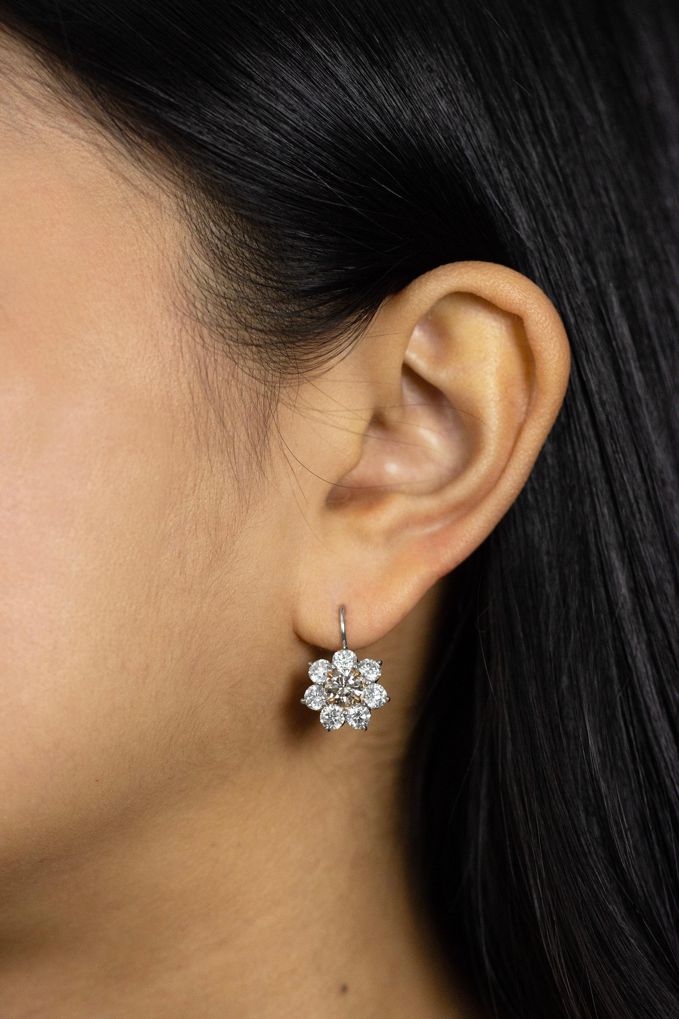 Women's Roman Malakov 1.64 Carats Round Cut Natural Brown Diamond Halo Dangle Earrings For Sale