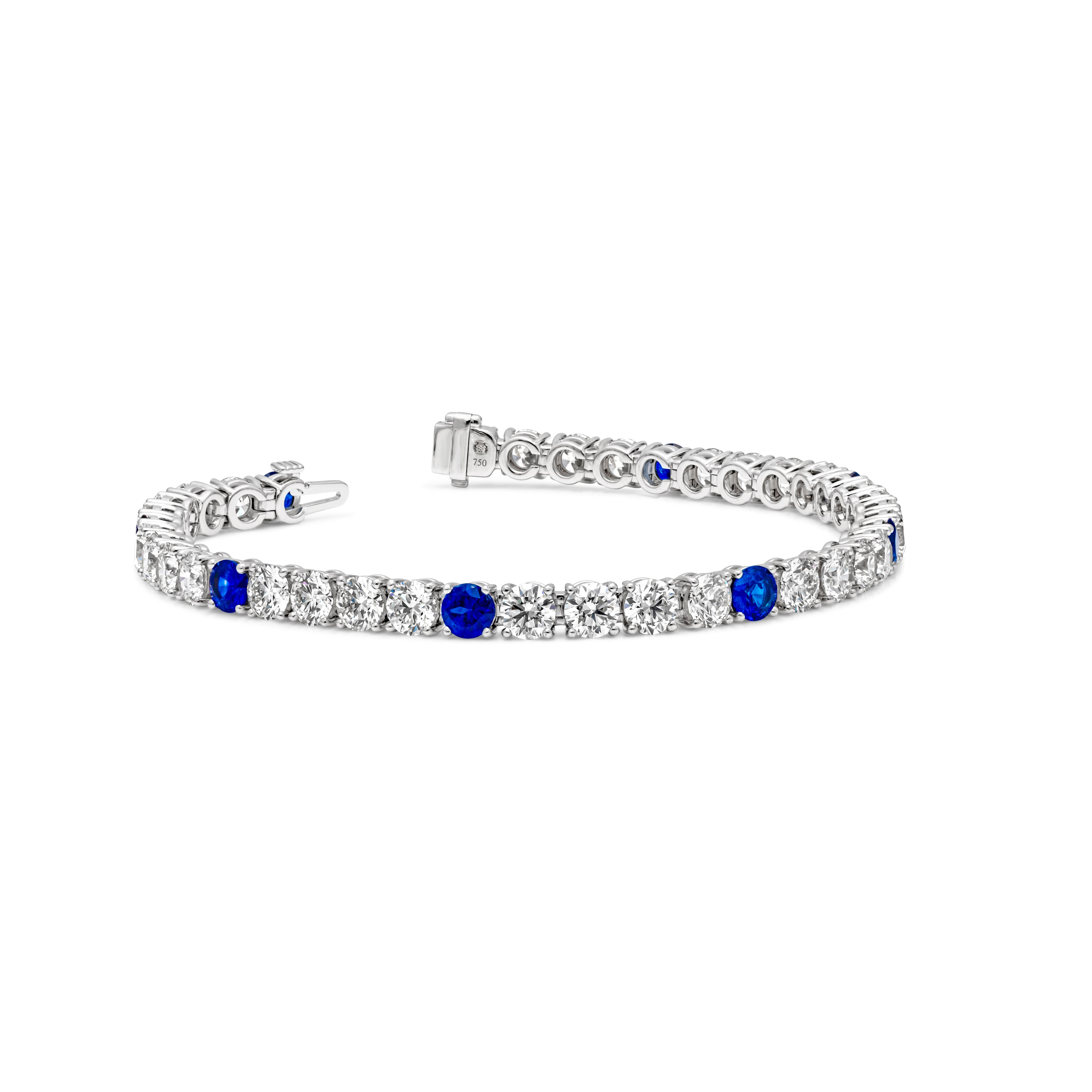 Contemporary Roman Malakov 16.48 Carats Total Round Blue Sapphire & Diamond Tennis Bracelet For Sale