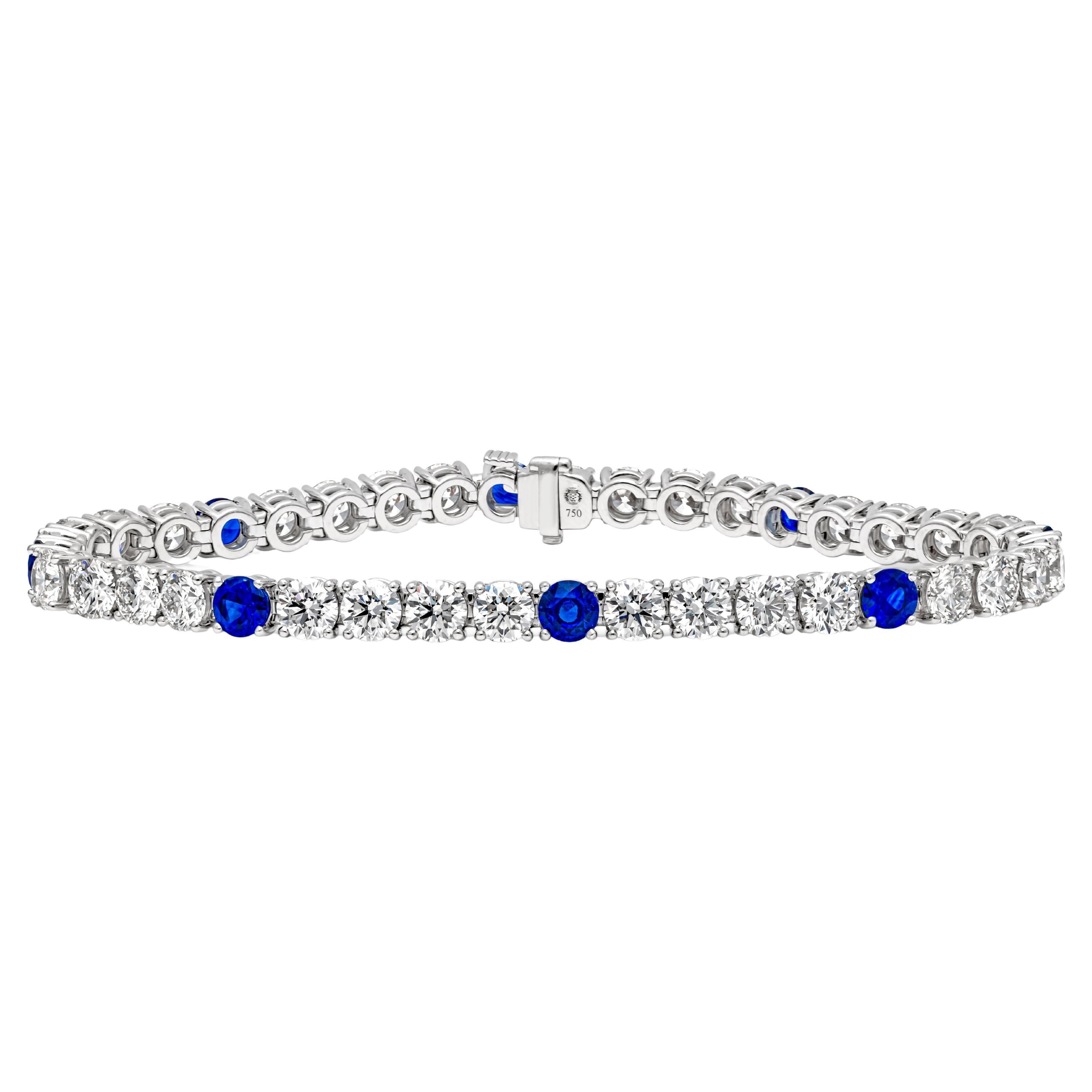 Roman Malakov 16.48 Carats Total Round Blue Sapphire & Diamond Tennis Bracelet For Sale