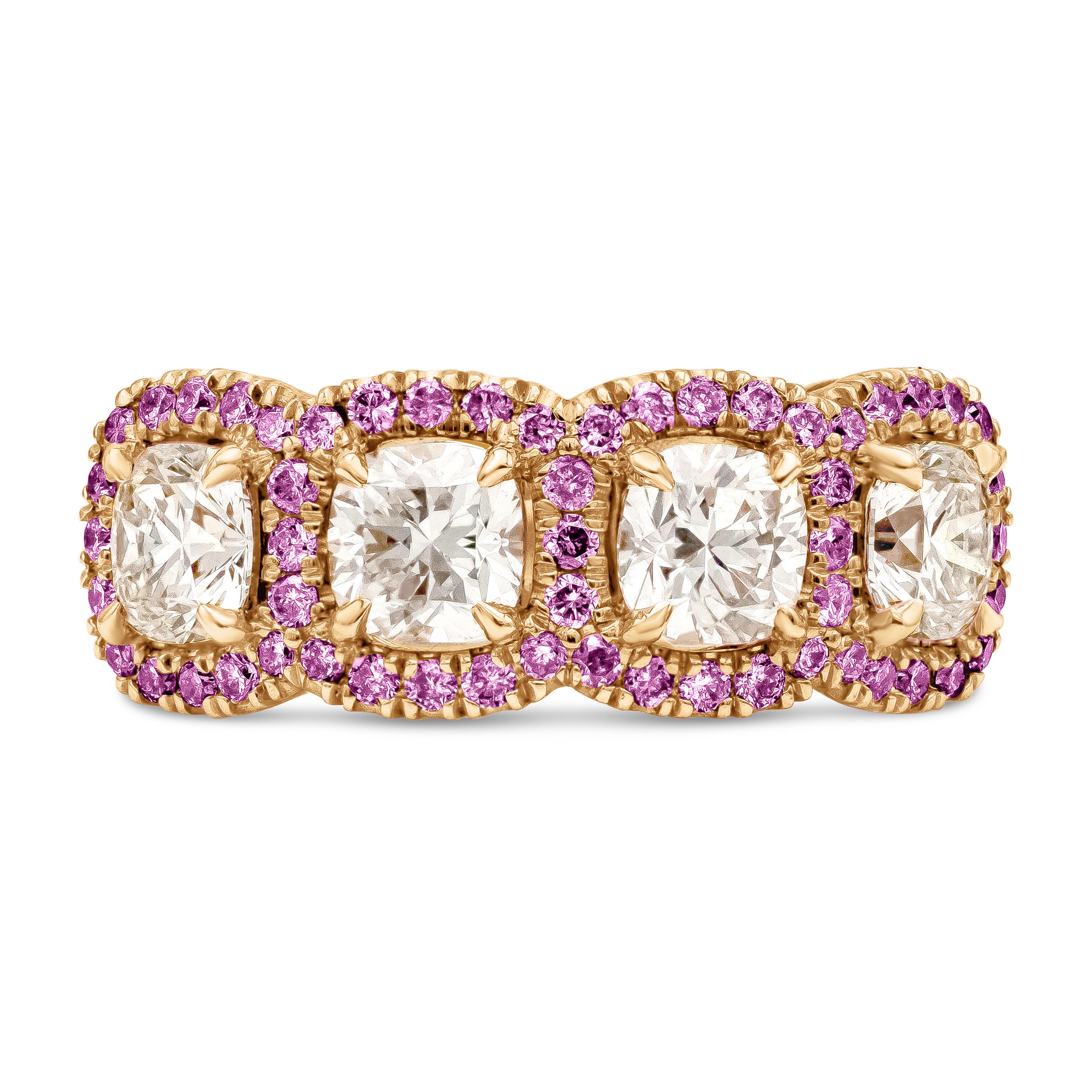 Une belle alliance, présentant quatre diamants brillants de taille coussin pesant 1,66 carats au total, de couleur F et de pureté VS. Chaque diamant de taille coussin est rehaussé de halos de magnifiques diamants roses d'un poids total de 0,45