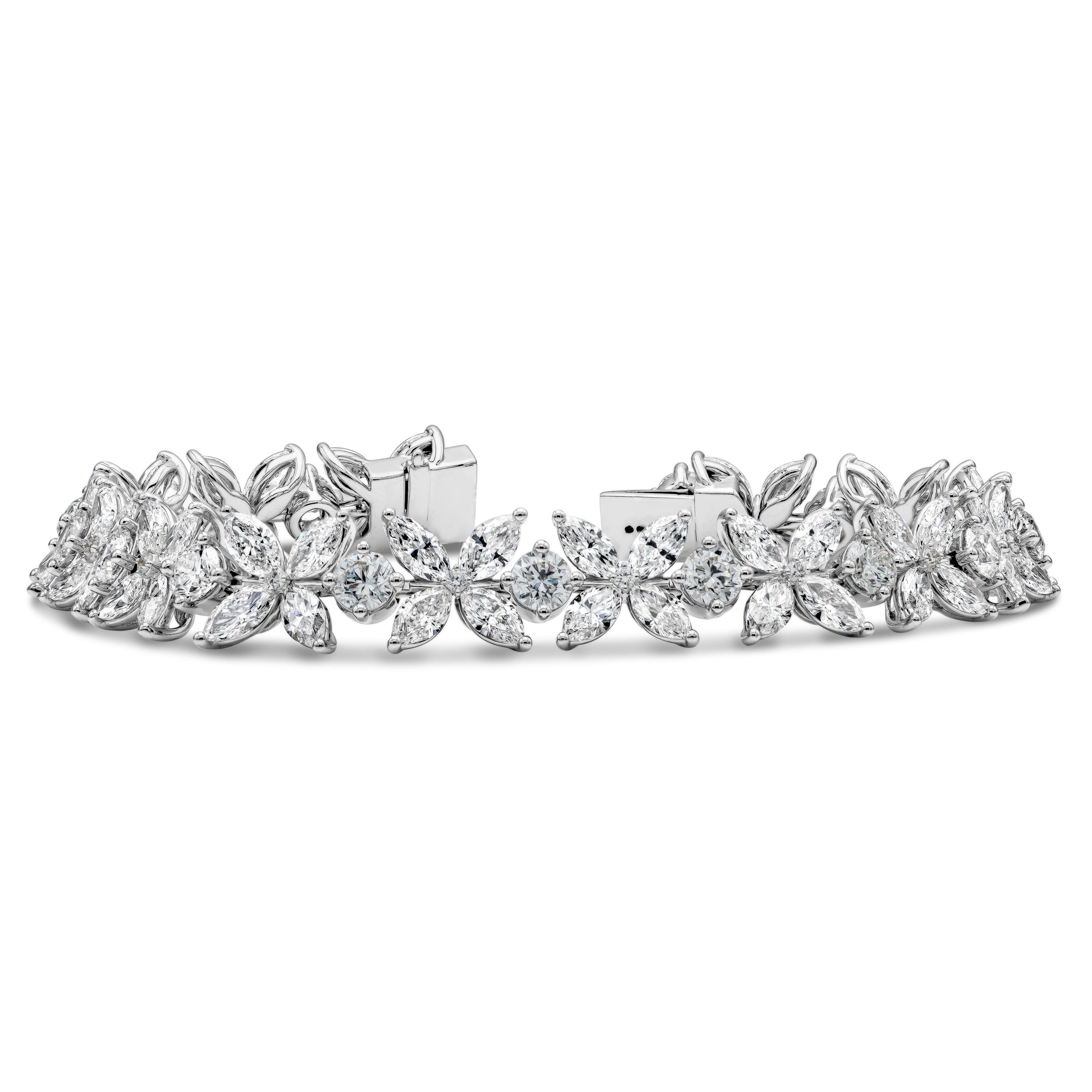 An elegant floral motif bracelet that showcases a cluster of marquise and round brilliant diamonds weighing 16.65 carats total. This bracelet can be assemble with another piece of bracelet to form an intricate design necklace. 7 inches in Length.