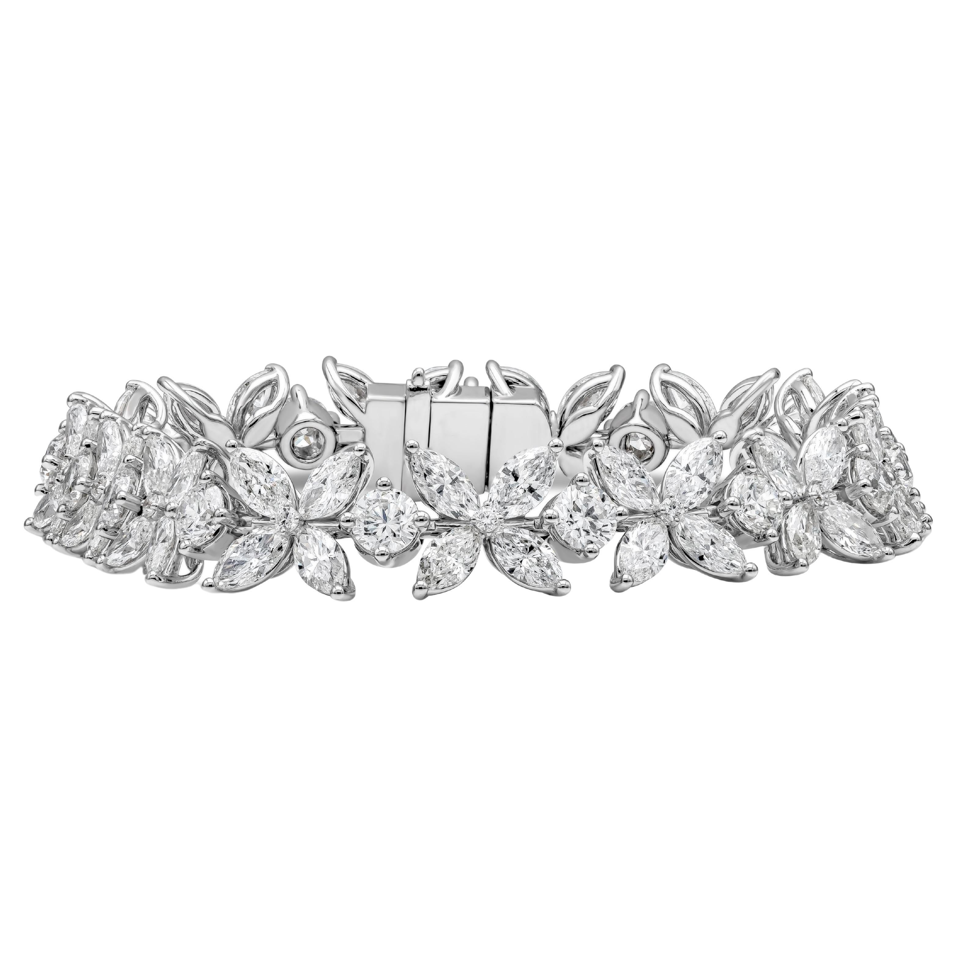 Roman Malakov 16.65 Carat Total Mixed Cut Cluster Diamond Floral Motif Bracelet For Sale