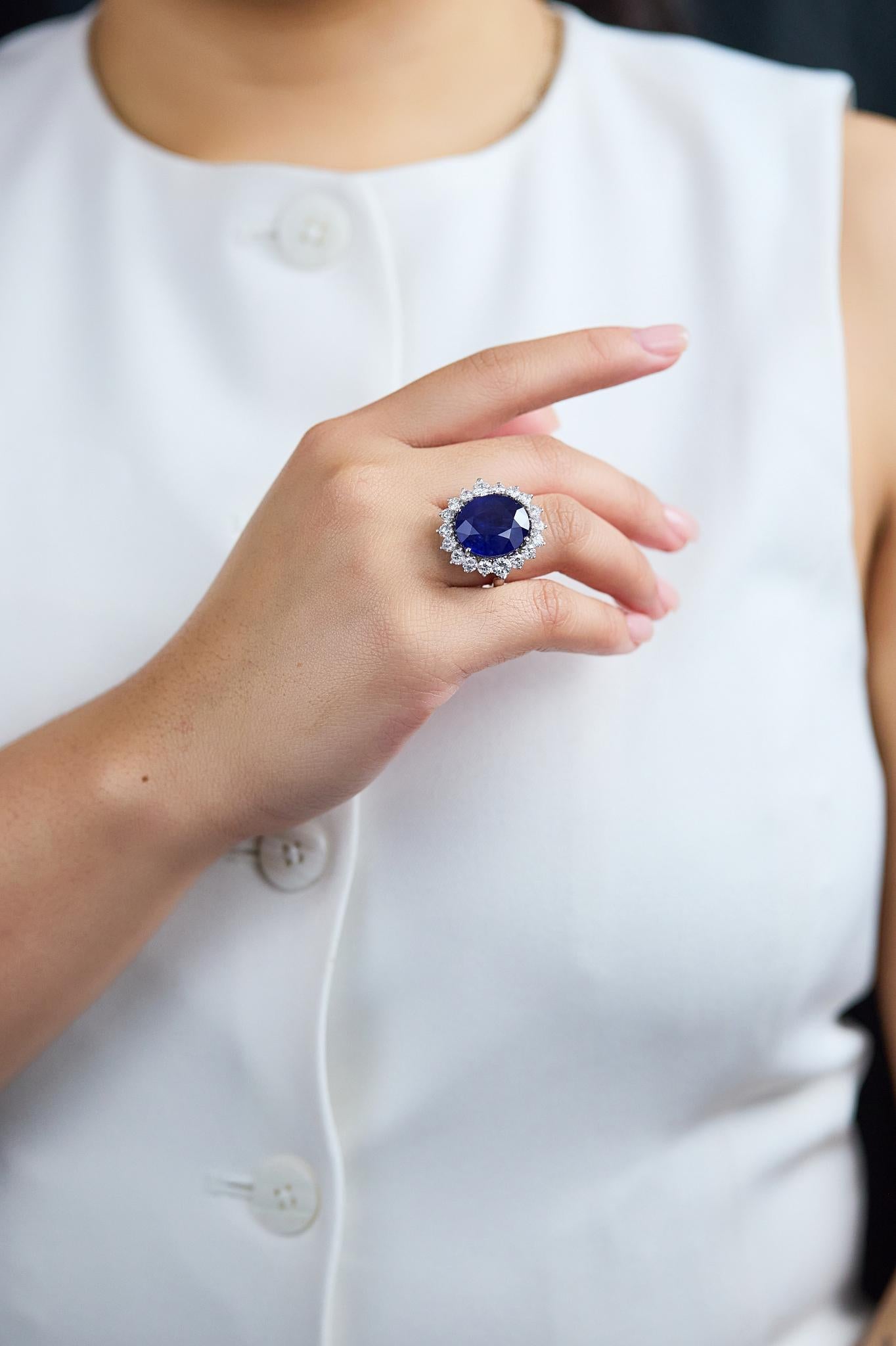 Roman Malakov 16,89 Karat Ovalschliff Saphir & Diamant Halo Cocktail Ring im Zustand „Neu“ im Angebot in New York, NY