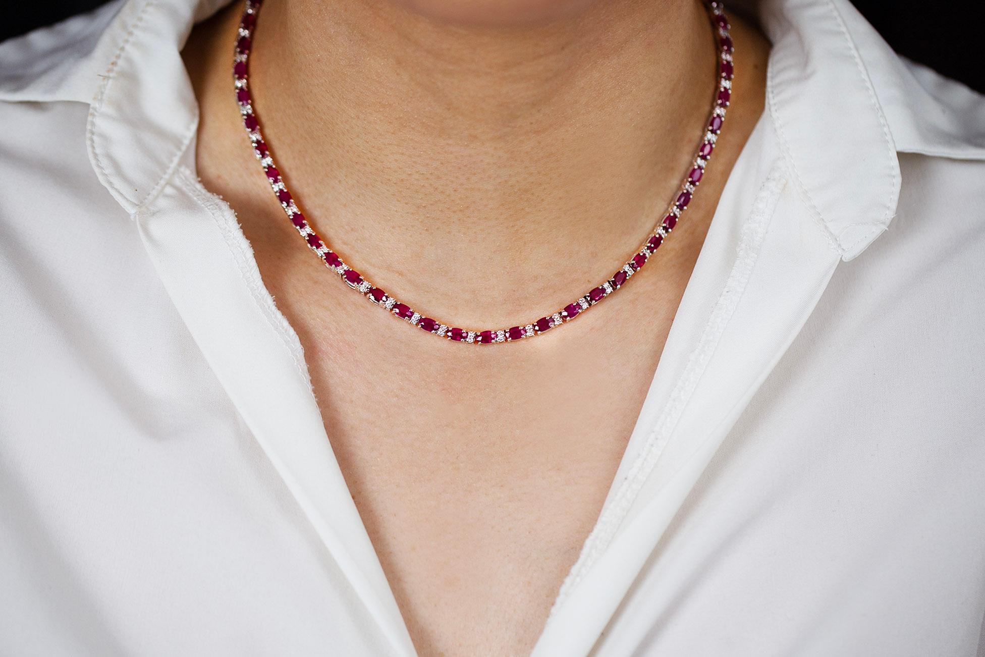 Contemporary Roman Malakov 16.89 Carats Total Oval Cut Ruby and Diamond Tennis Necklace For Sale