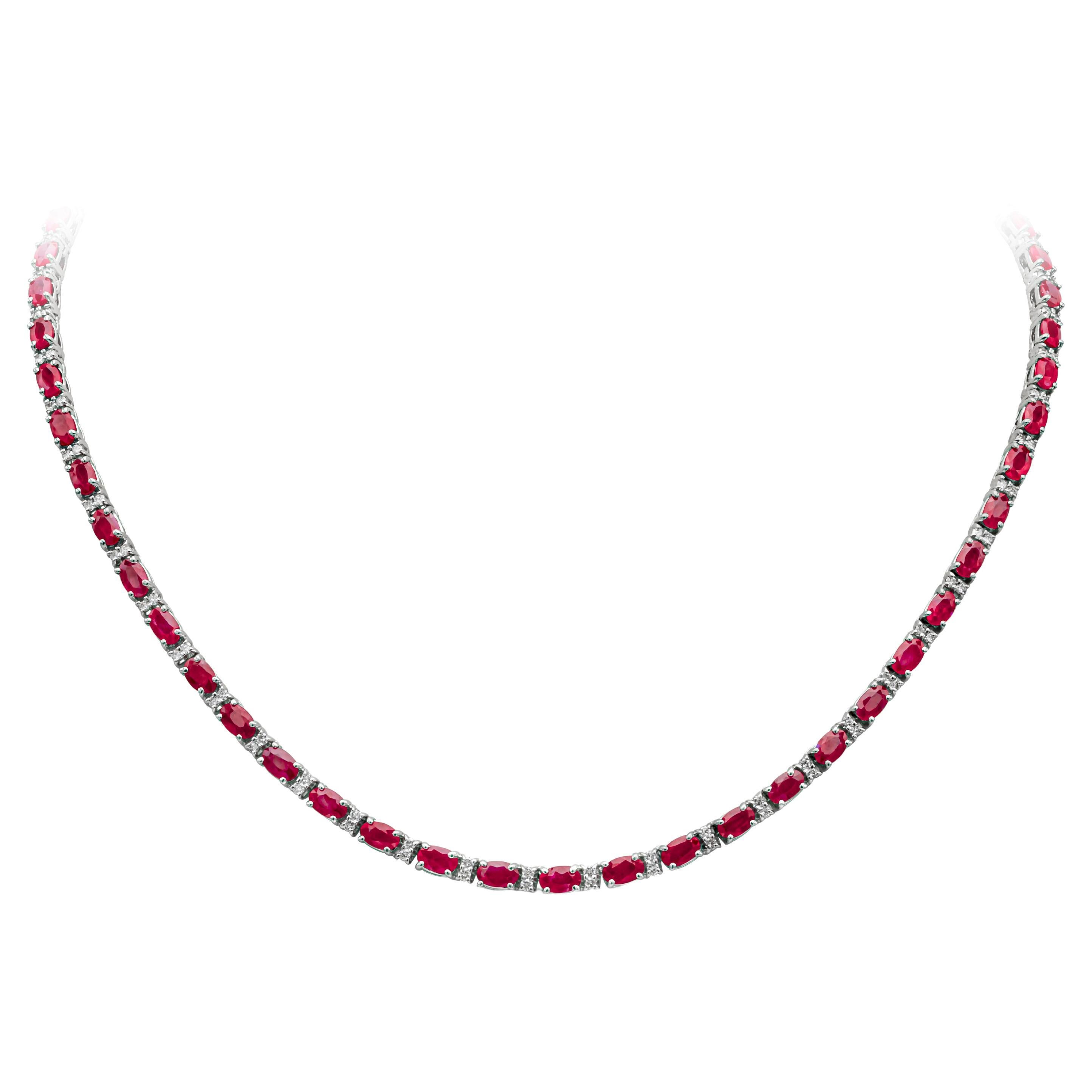 Roman Malakov 16.89 Carats Total Oval Cut Ruby and Diamond Tennis Necklace For Sale