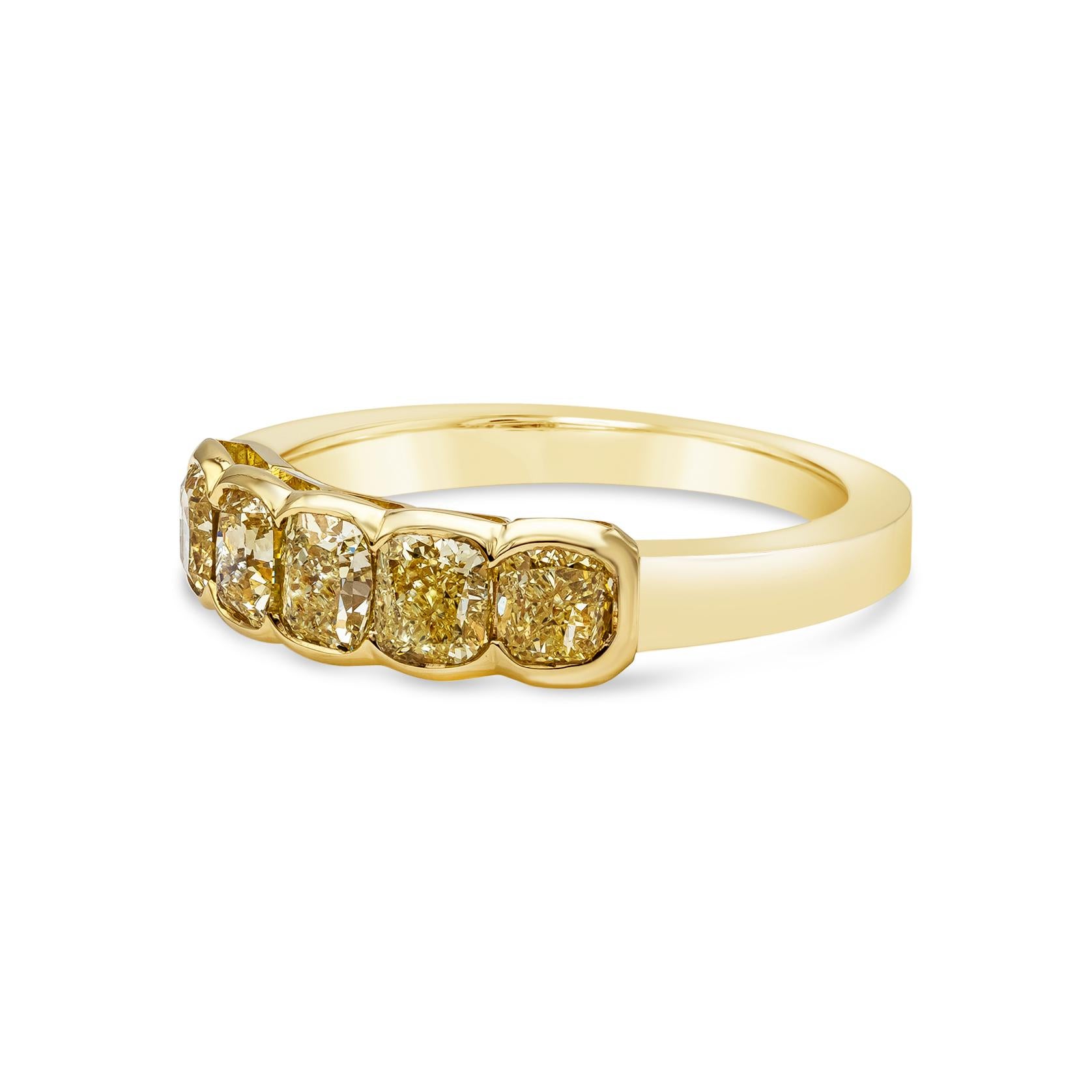 A color-rich wedding band showcasing five cushion cut intense yellow diamonds weighing 1.69 carats total, set in a chic semi-bezel made in 18k yellow gold. Size 6.5 US (sizable upon request).

Style available in different price ranges. Prices are