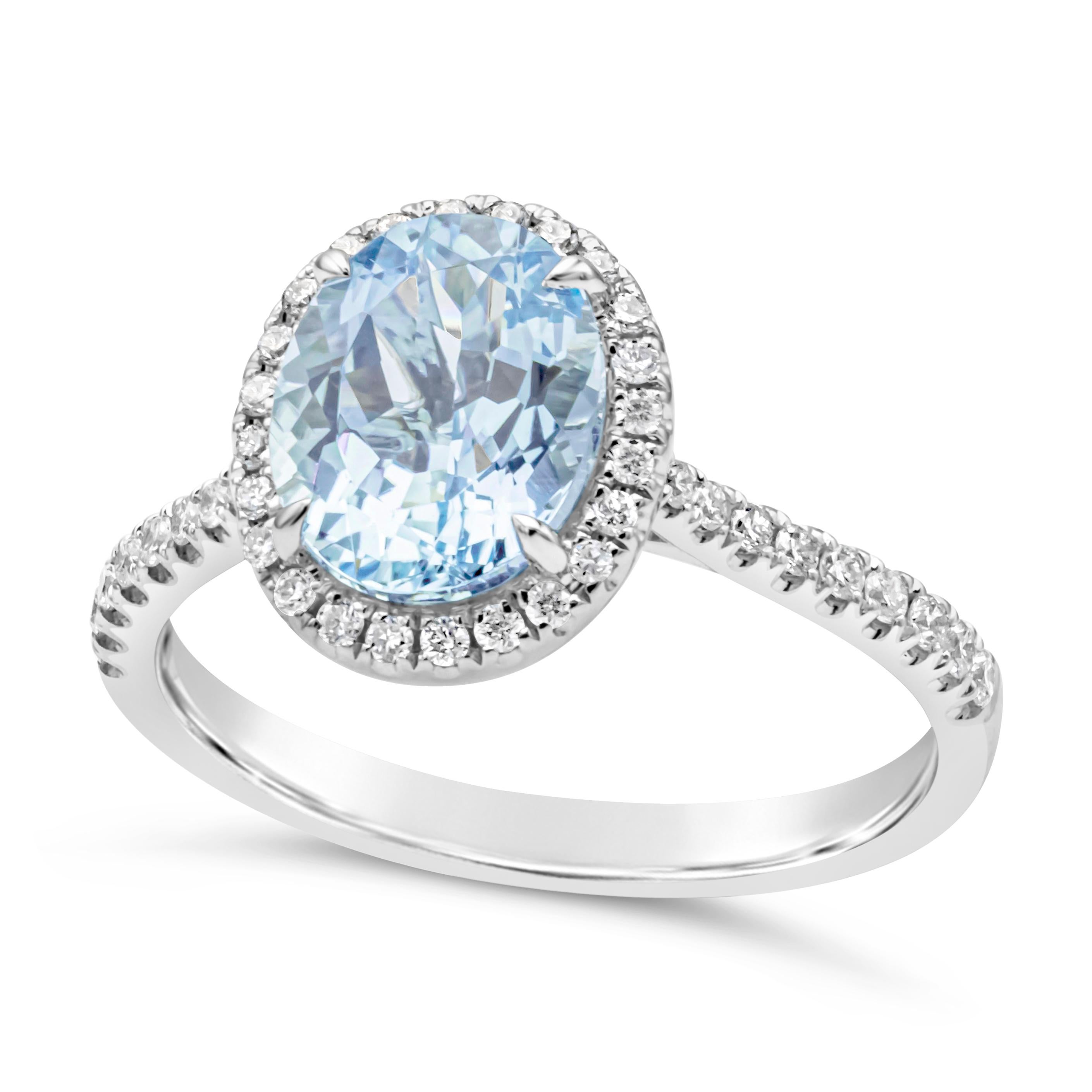 Contemporary Roman Malakov 1.69 Carat Oval Cut Blue Aquamarine & Diamond Halo Engagement Ring For Sale