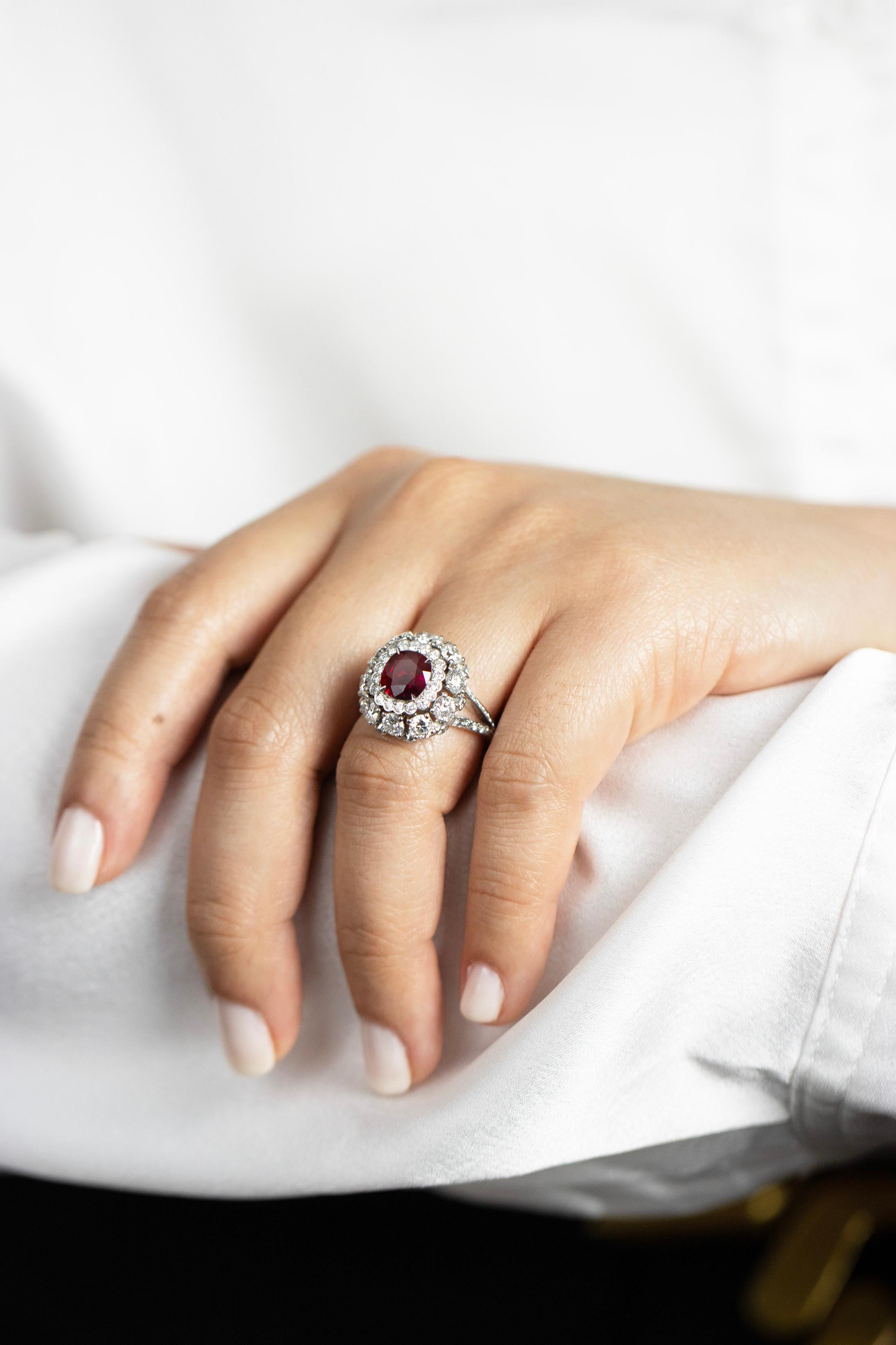 Cushion Cut Roman Malakov 1.69 Carats No-Heat Burmese Ruby with Diamond Halo Engagement Ring For Sale