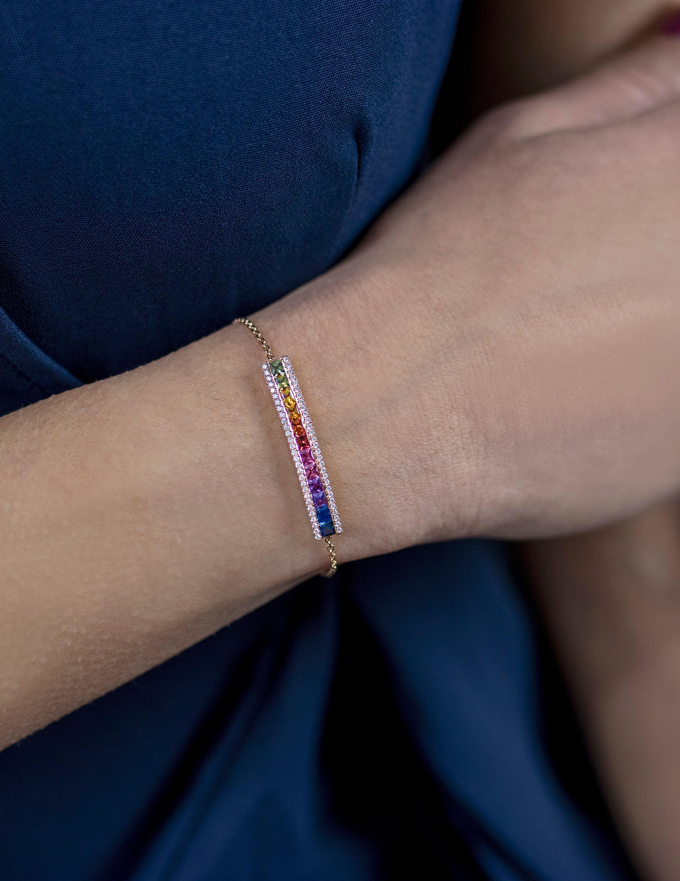 Quadrato Roman Malakov Diamonds Bracciale con zaffiri e diamanti multicolore da 1,70 carati in vendita