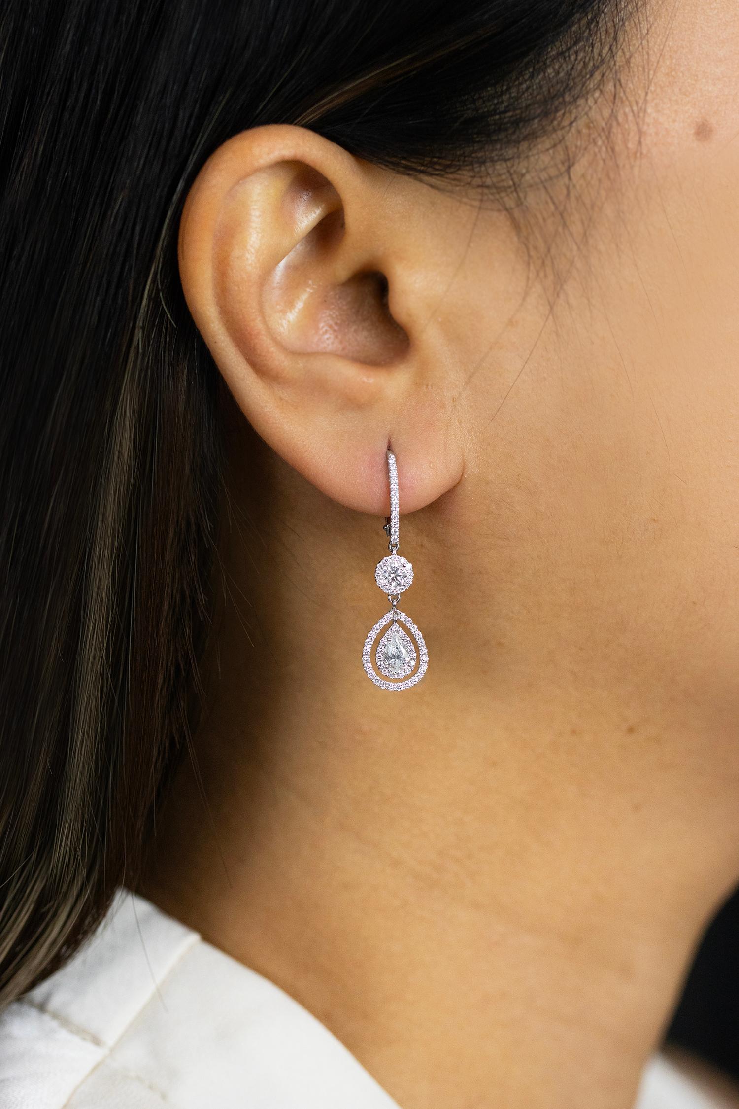 Roman Malakov 1.71 Carats Total Diamond Double Halo Dangle Earrings In New Condition For Sale In New York, NY