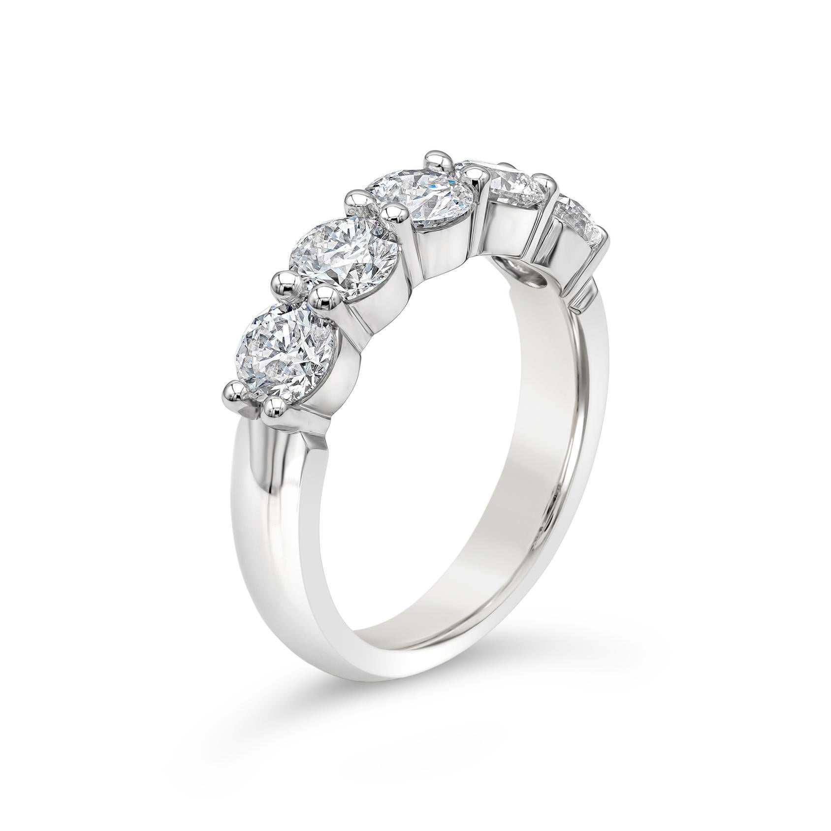 A classic wedding band style showcasing five stones of round brilliant diamonds weighing 1.72 carats total, F Color and SI in Clarity. Set in a shared-prong setting, Made with Platinum Size 6.5 US

Style available in different price ranges. Prices