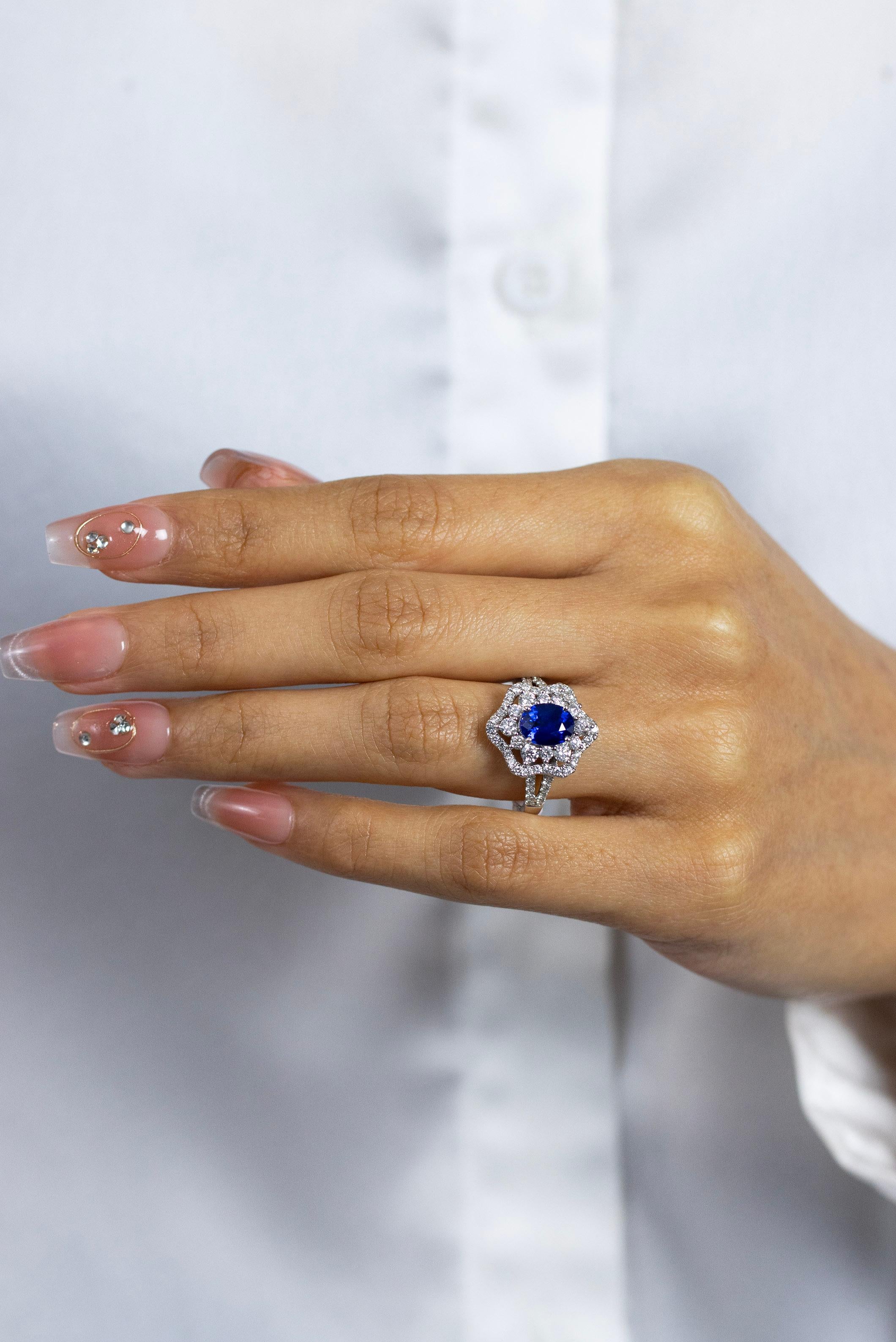 Contemporary Roman Malakov 1.75 Carat Oval Cut Sapphire and Diamond Halo Engagement Ring