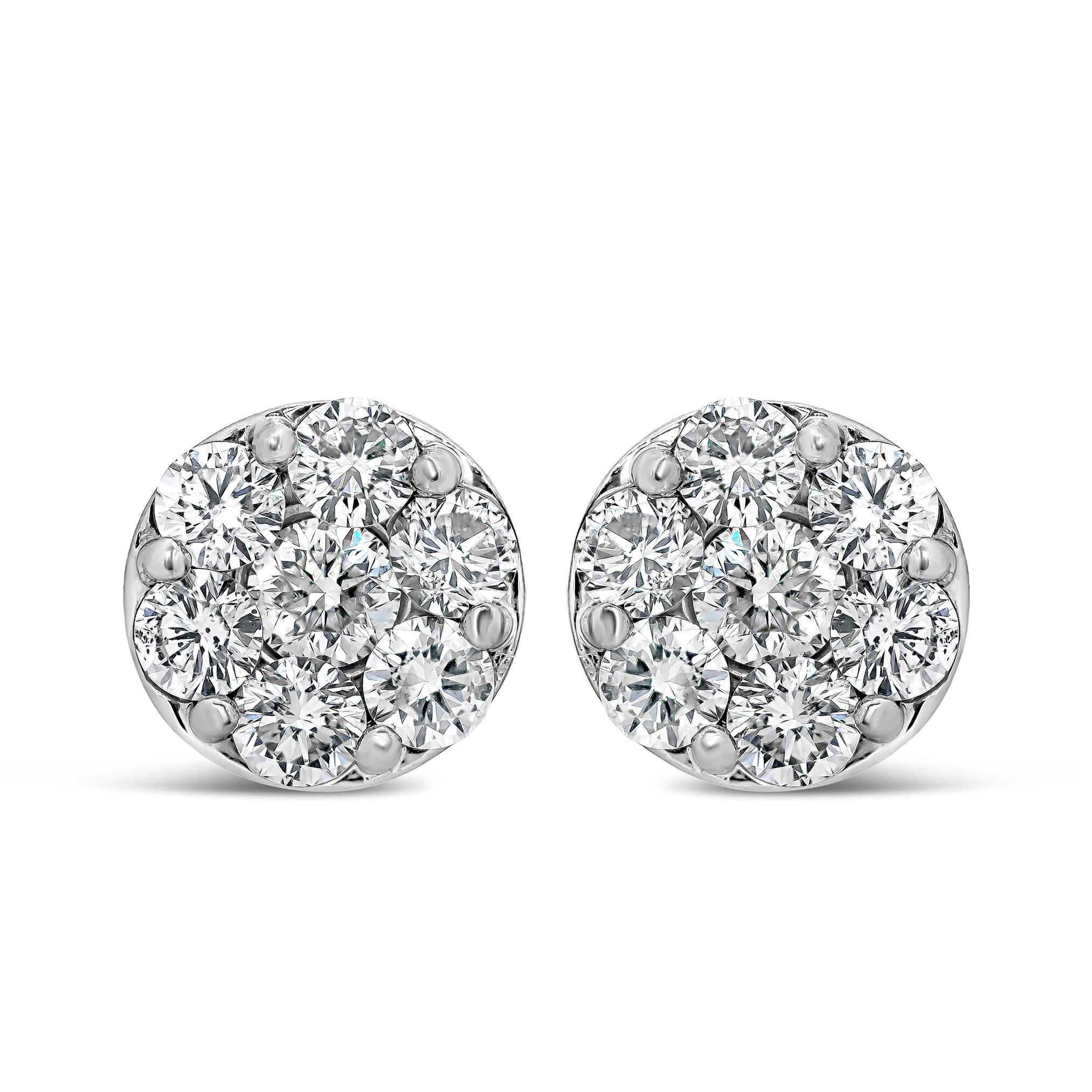 A simple and chic stud earrings showcasing seven round brilliant diamonds set in a cluster design. Composition made in 18K White Gold and Platinum. Diamonds weigh 1.75 carats total.

Roman Malakov is a custom house, specializing in creating anything