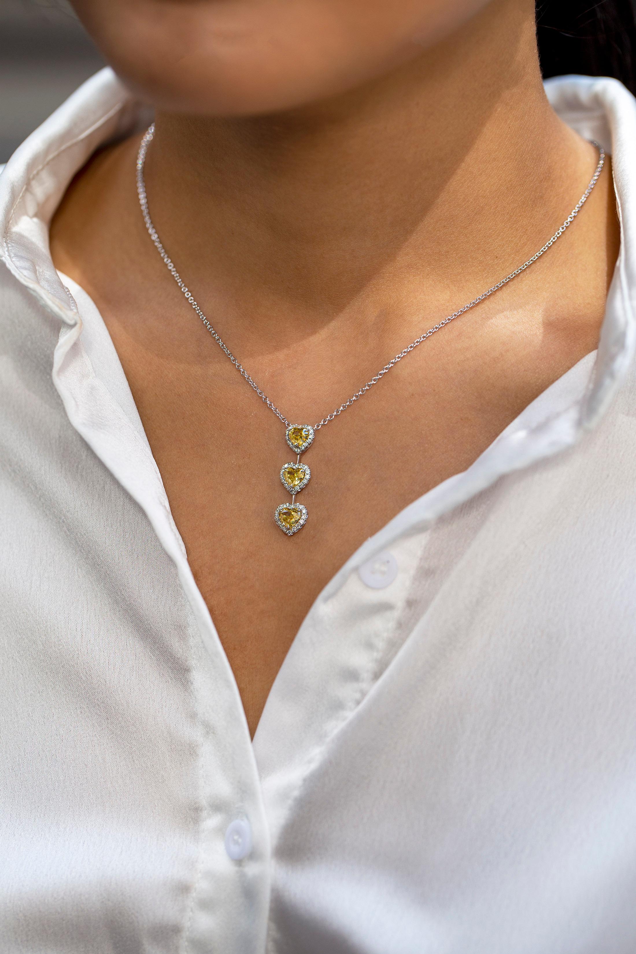 Heart Cut Roman Malakov, 1.75 Total Carat Three Stone Heart Shape Diamond Pendant Necklace For Sale