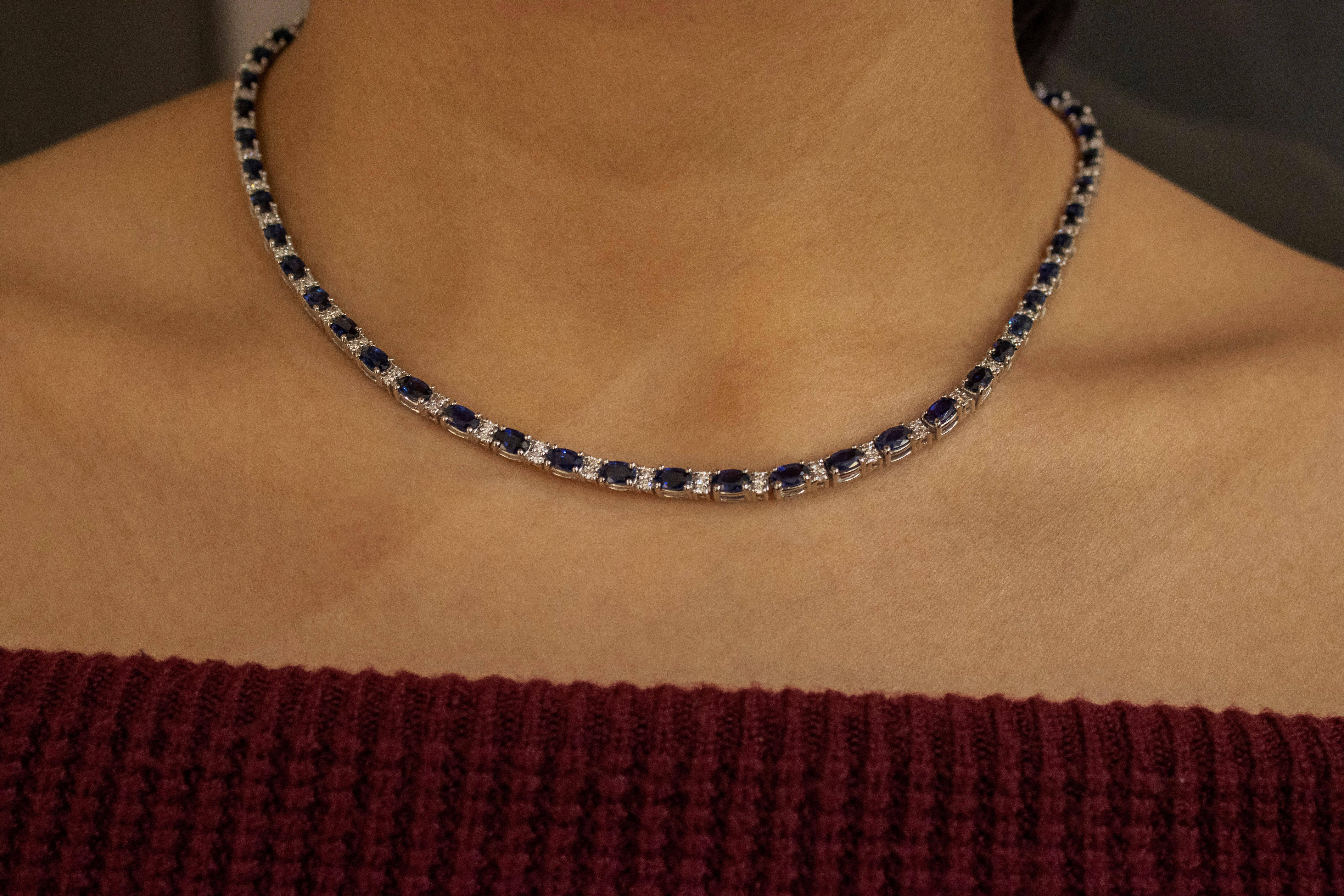 Roman Malakov 17.62 Carats Oval Cut Sapphire and Diamond Tennis Necklace In New Condition For Sale In New York, NY