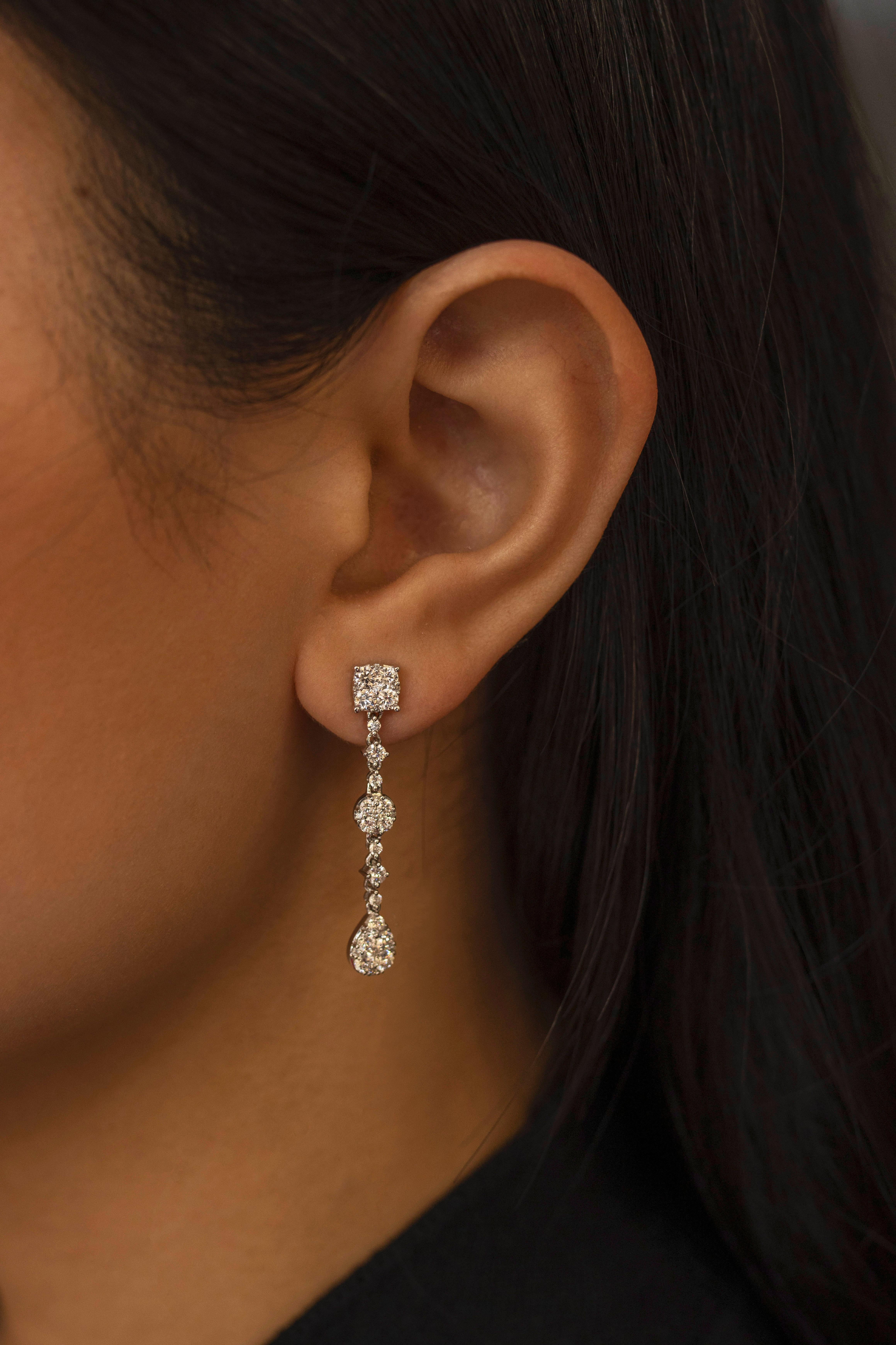 Contemporary Roman Malakov, 1.78 Carats Total Brilliant Round Diamond Cluster Drop Earrings For Sale