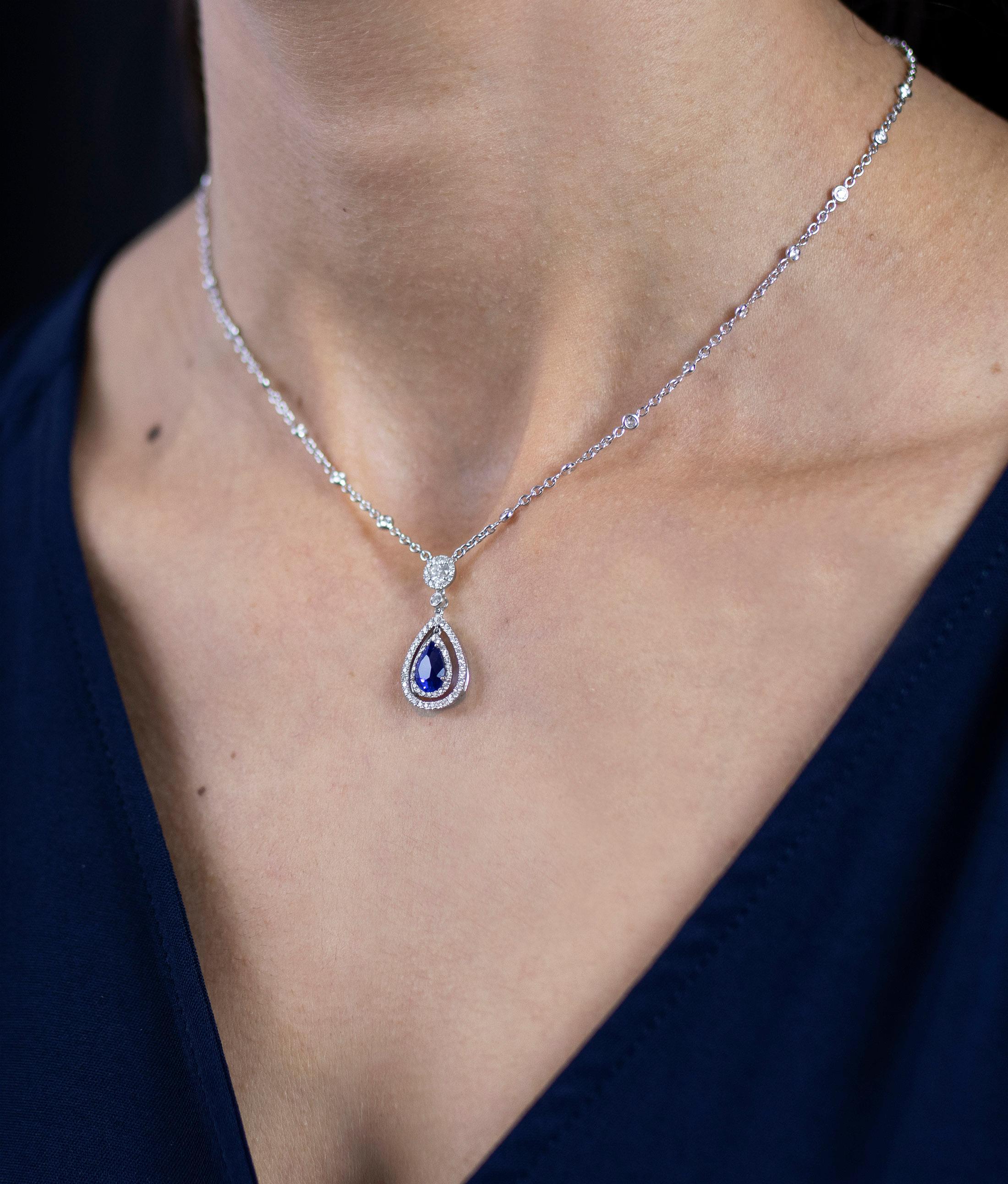 Modern Roman Malakov 1.78 Carat Pear Shape Blue Sapphire and Diamond Pendant Necklace For Sale
