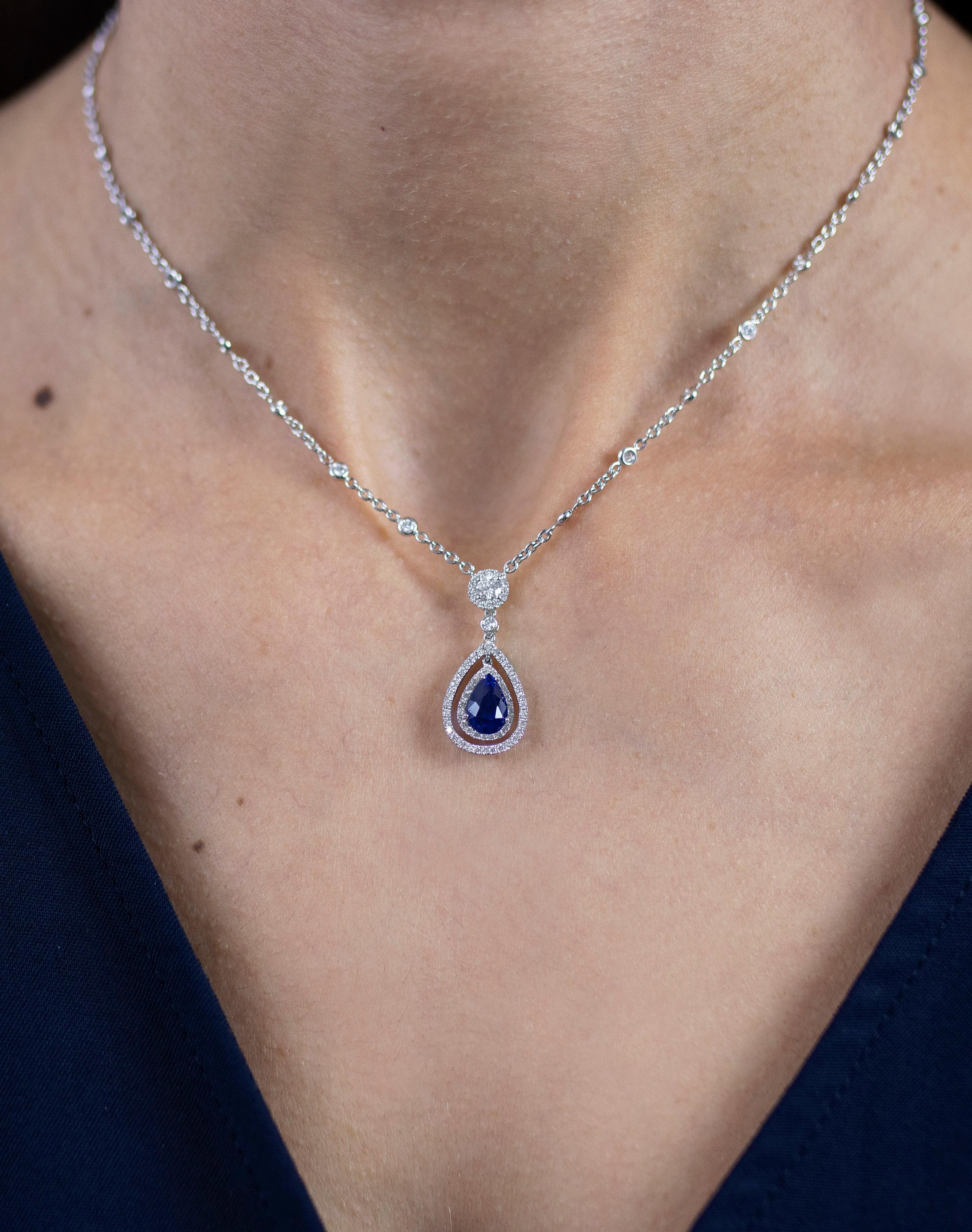 Pear Cut Roman Malakov 1.78 Carat Pear Shape Blue Sapphire and Diamond Pendant Necklace For Sale