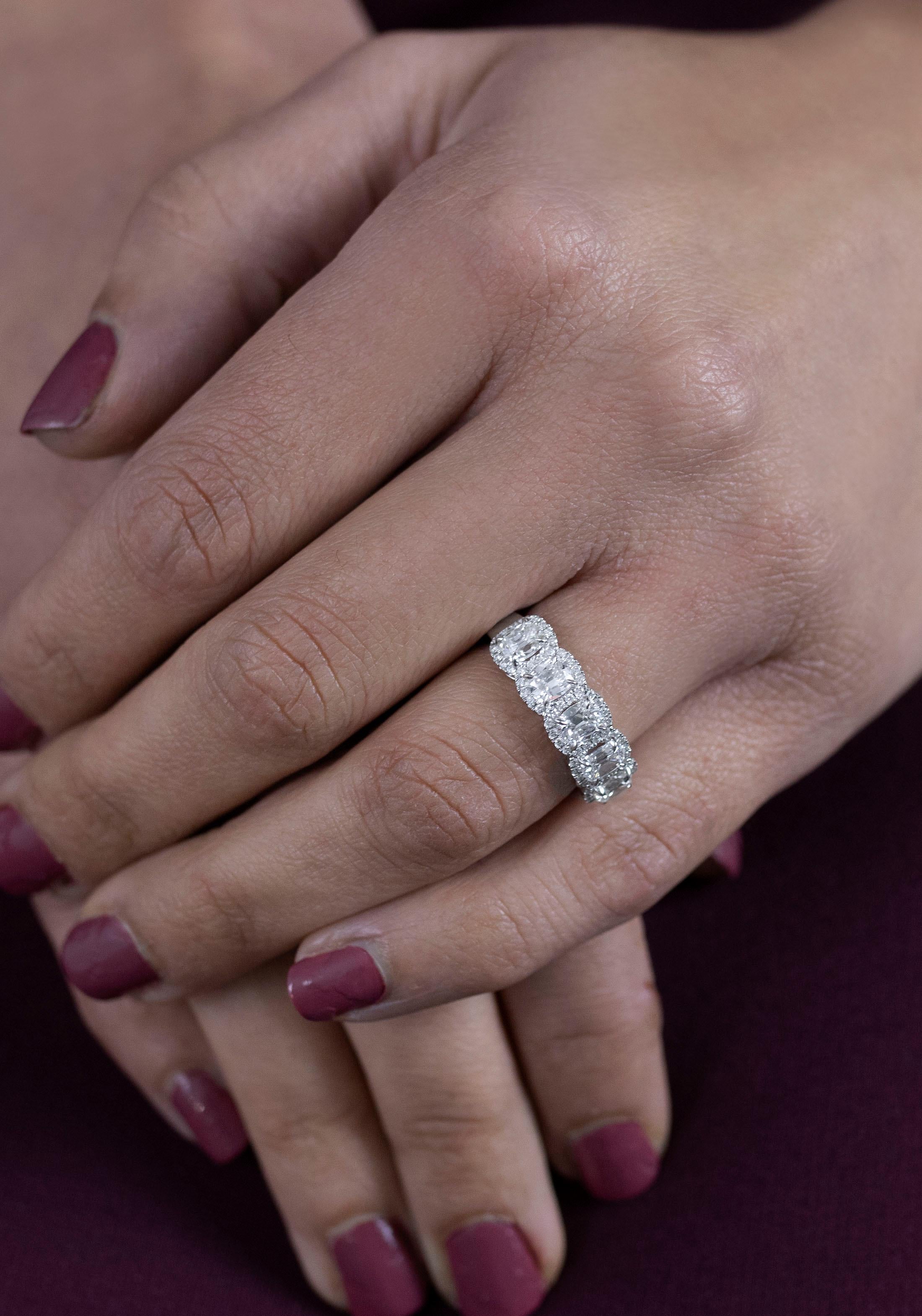 Contemporary Roman Malakov 1.78 Carat Total Cushion Cut Diamond Five-Stone Wedding Band Ring For Sale
