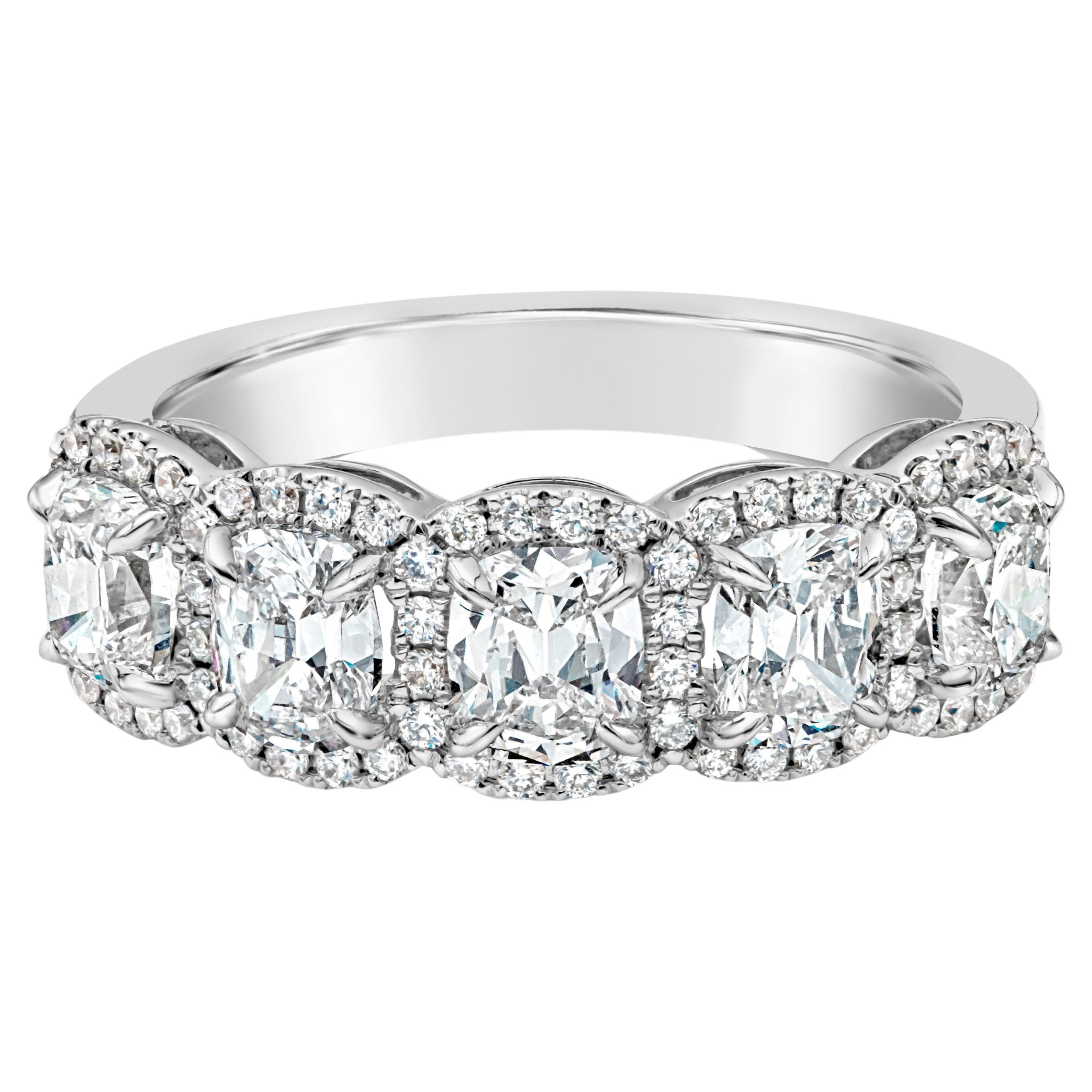 Roman Malakov 1.78 Carat Total Cushion Cut Diamond Five-Stone Wedding Band Ring For Sale